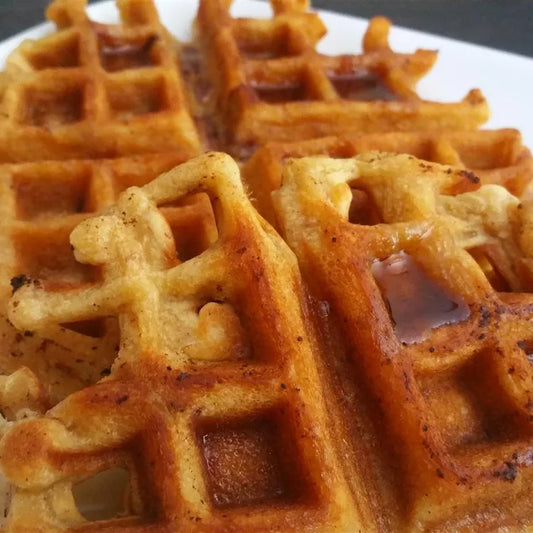 Homemade Waffles with Candied/Glazed Bacon Recipe with video as well