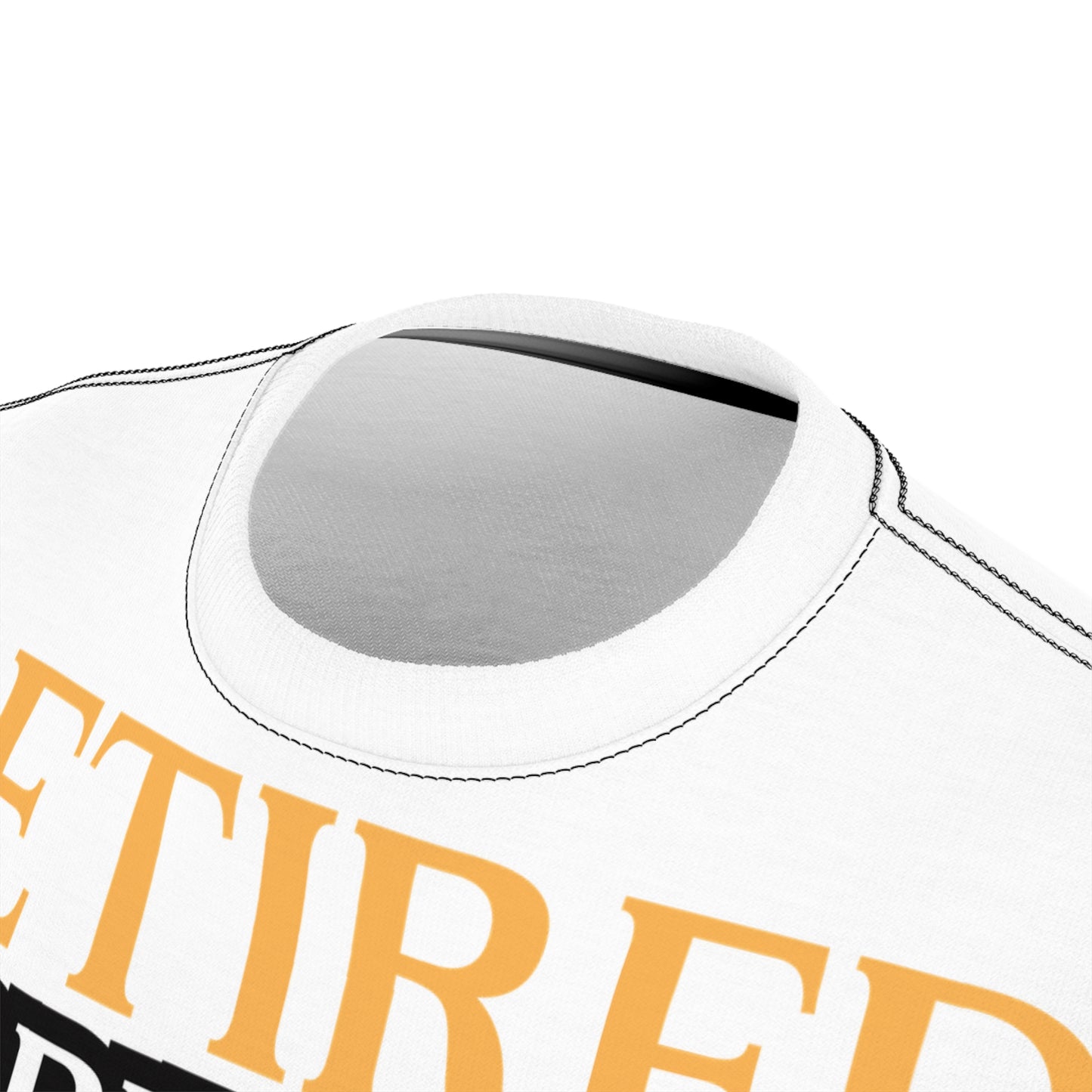All-over print unisex tee with "Retired: I Brunch Everyday" text, perfect for retirement brunch celebrations. A funny and stylish graphic tee, ideal as a retirement party shirt or gift for brunch lovers, offering comfort and humor in one.