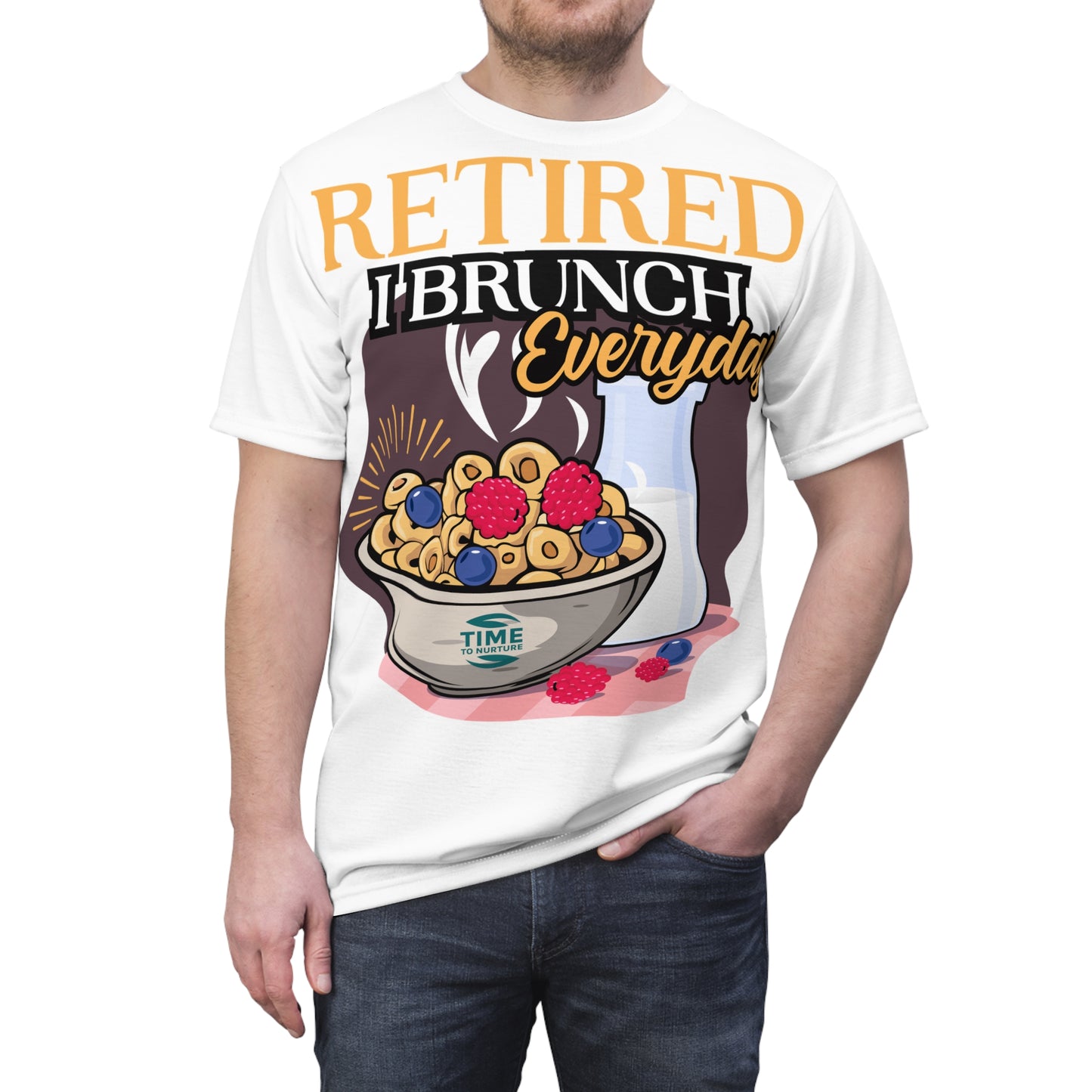 All-over print unisex tee with "Retired: I Brunch Everyday" text, perfect for retirement brunch celebrations. A funny and stylish graphic tee, ideal as a retirement party shirt or gift for brunch lovers, offering comfort and humor in one.