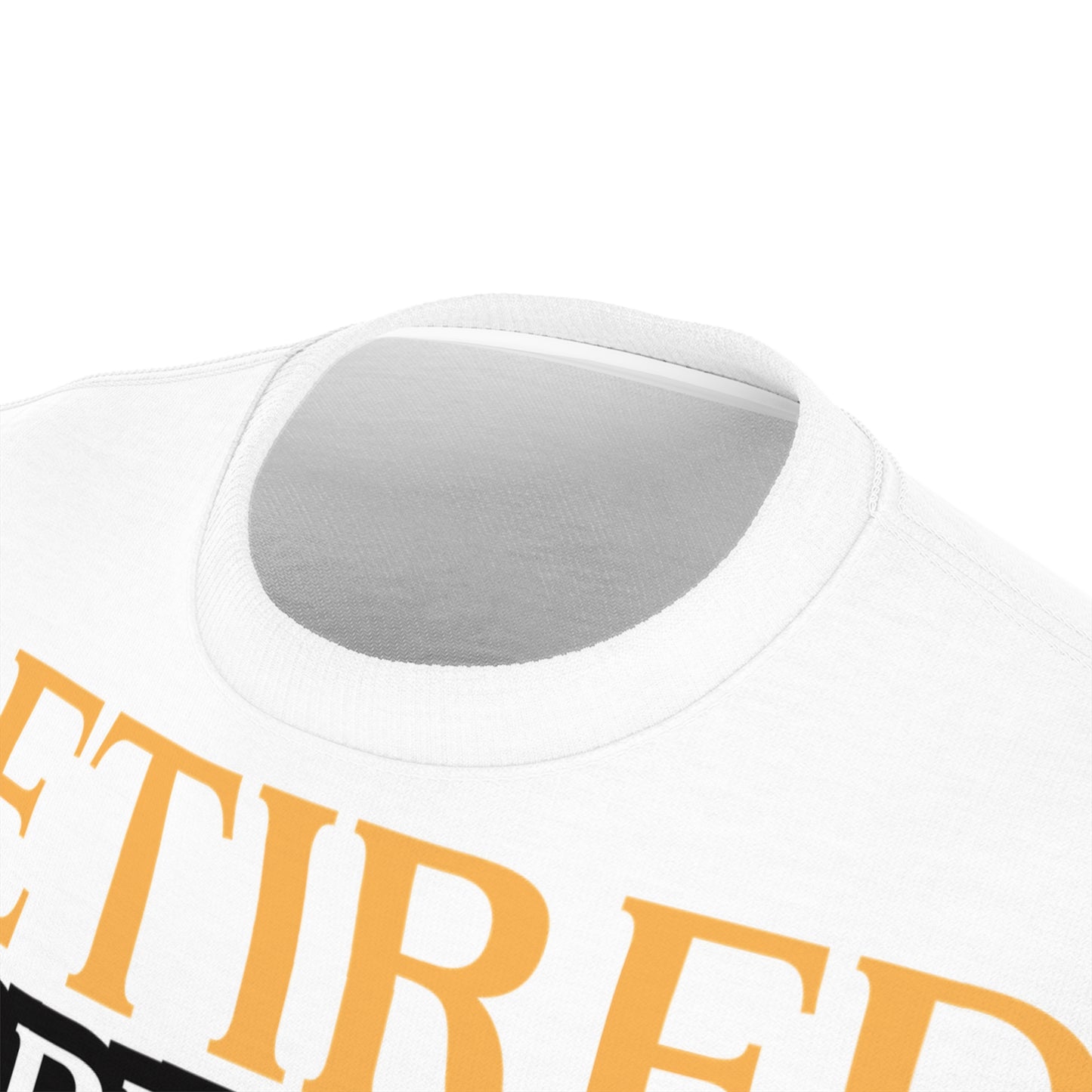 All-over print unisex tee with "Retired: I Brunch Everyday" text, perfect for retirement brunch celebrations. A funny and stylish graphic tee, ideal as a retirement party shirt or gift for brunch lovers, offering comfort and humor in one.