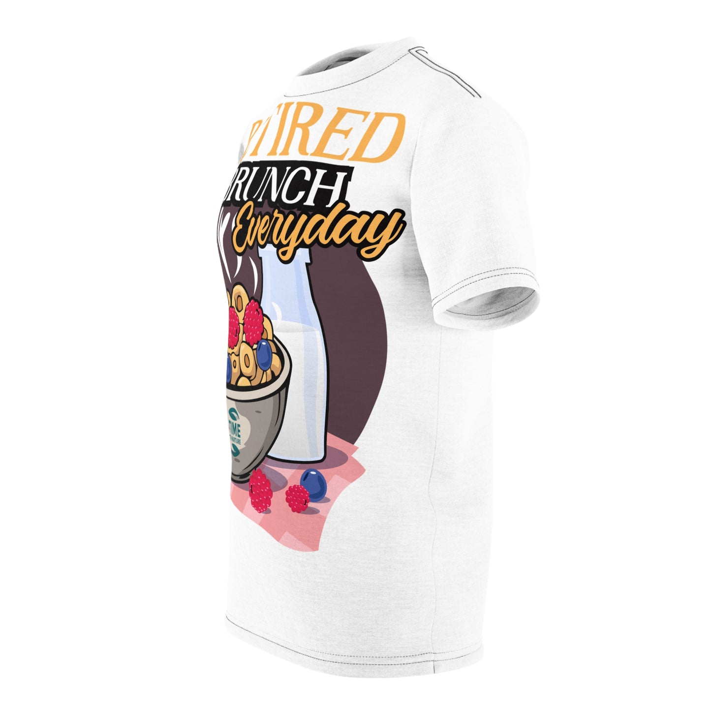 All-over print unisex tee with "Retired: I Brunch Everyday" text, perfect for retirement brunch celebrations. A funny and stylish graphic tee, ideal as a retirement party shirt or gift for brunch lovers, offering comfort and humor in one.