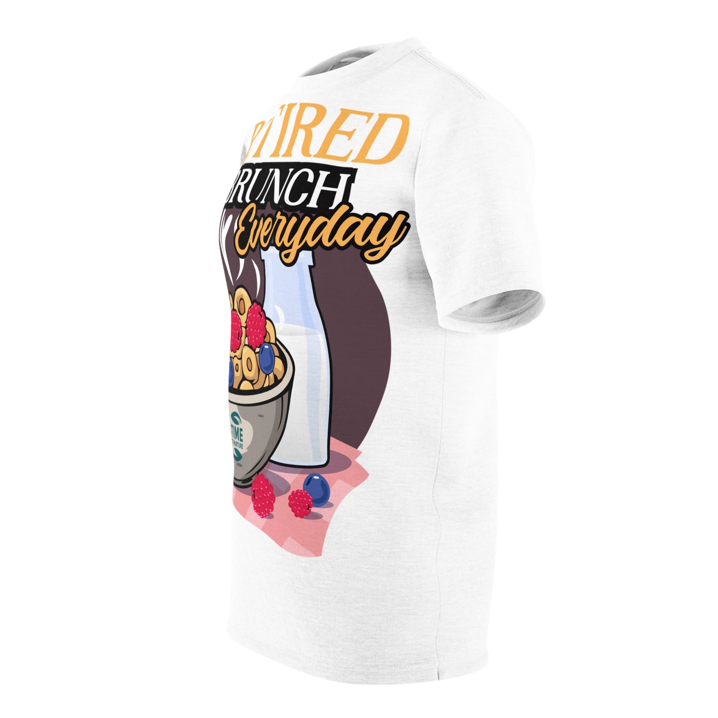 All-over print unisex tee with "Retired: I Brunch Everyday" text, perfect for retirement brunch celebrations. A funny and stylish graphic tee, ideal as a retirement party shirt or gift for brunch lovers, offering comfort and humor in one.