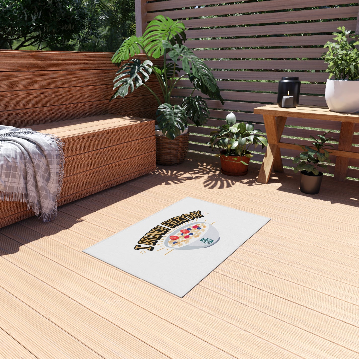 Retired & Brunching Everyday outdoor rug with a fun and stylish design, perfect for patios, picnics, BBQs, garden parties, and outdoor gatherings. Durable and vibrant home décor, making a great retirement gift for foodies, brunch enthusiasts, and relaxation seekers.