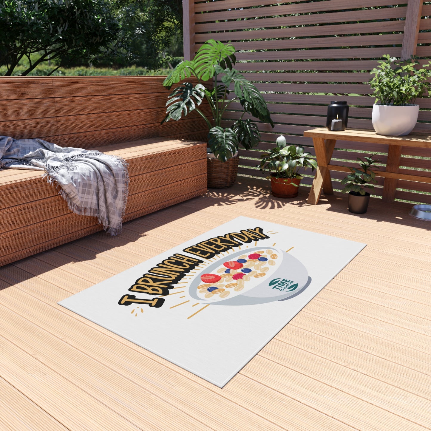 Retired & Brunching Everyday outdoor rug with a fun and stylish design, perfect for patios, picnics, BBQs, garden parties, and outdoor gatherings. Durable and vibrant home décor, making a great retirement gift for foodies, brunch enthusiasts, and relaxation seekers.
