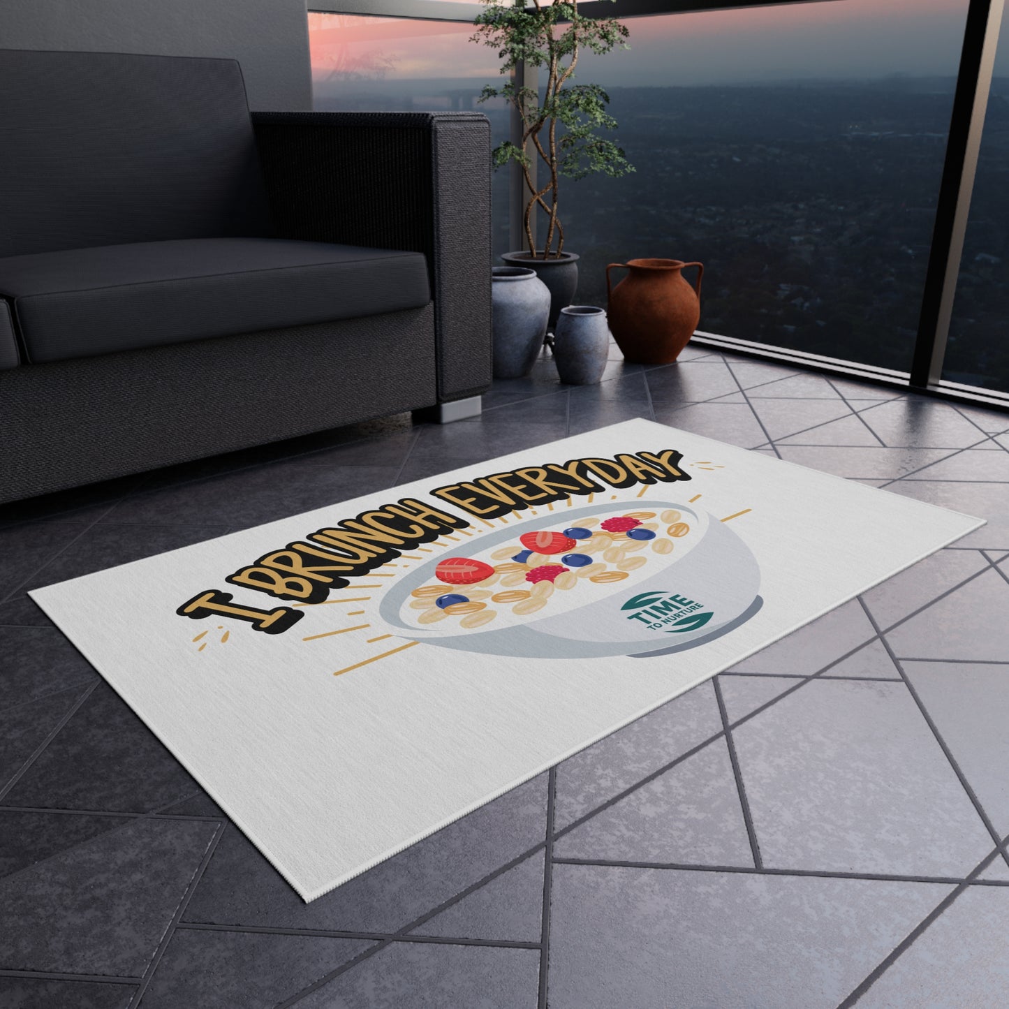 Retired & Brunching Everyday outdoor rug with a fun and stylish design, perfect for patios, picnics, BBQs, garden parties, and outdoor gatherings. Durable and vibrant home décor, making a great retirement gift for foodies, brunch enthusiasts, and relaxation seekers.