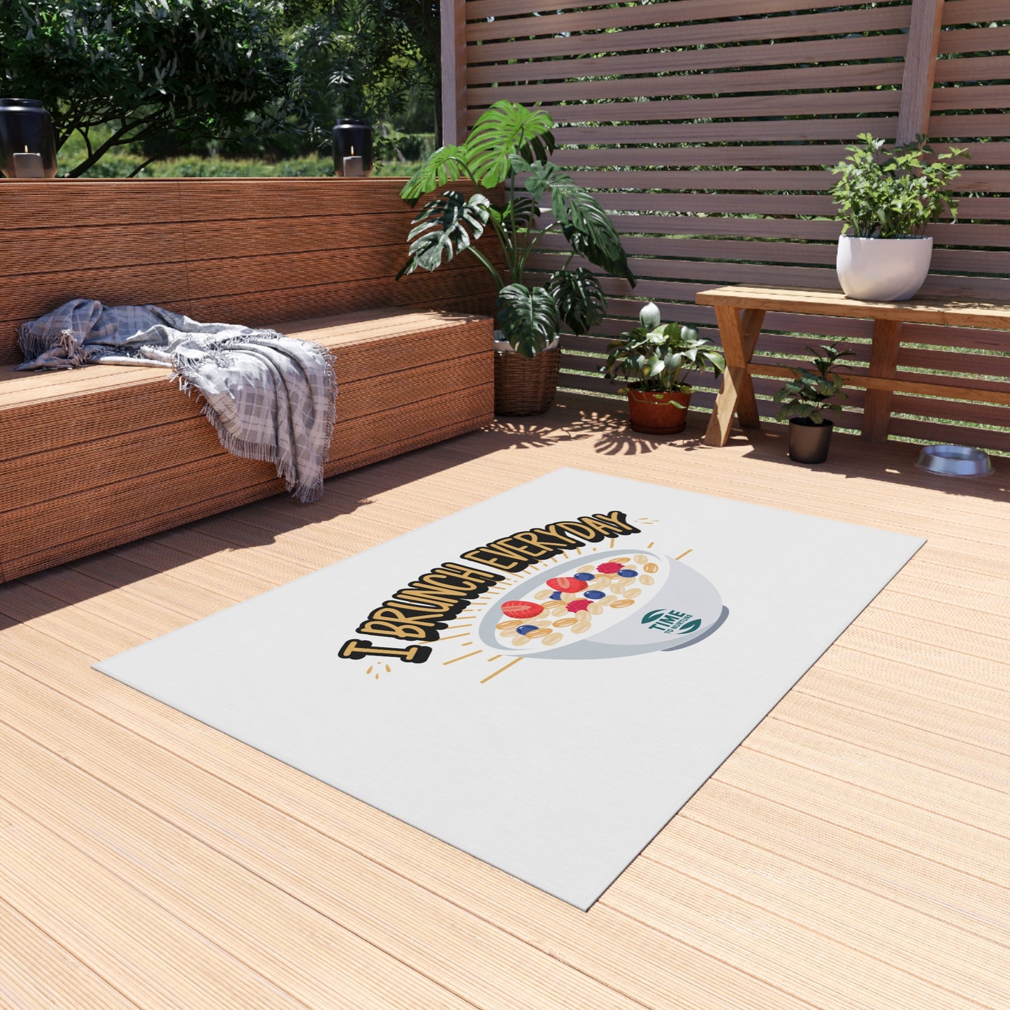 Retired & Brunching Everyday outdoor rug with a fun and stylish design, perfect for patios, picnics, BBQs, garden parties, and outdoor gatherings. Durable and vibrant home décor, making a great retirement gift for foodies, brunch enthusiasts, and relaxation seekers.
