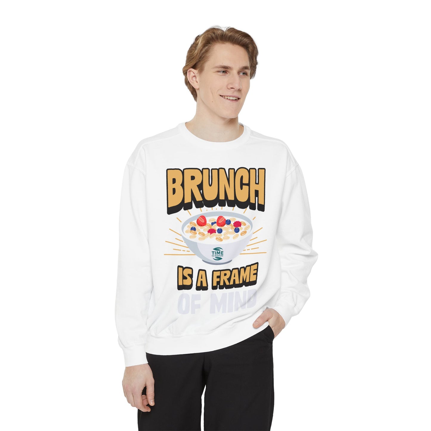 Cozy unisex sweatshirt featuring Brunch is a Frame of Mind Vibes, designed for brunch lovers and leisure enthusiasts, offering stylish and comfortable brunch-themed apparel, perfect for weekend outfits or as a thoughtful foodie gift.