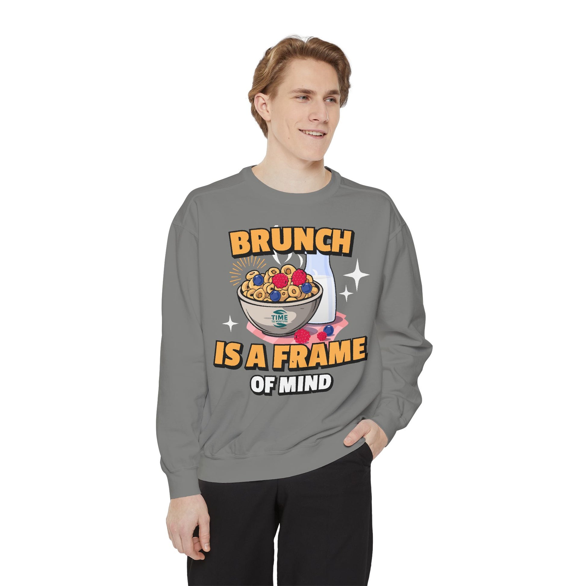 Cozy unisex sweatshirt featuring Brunch is a Frame of Mind Vibes, blending comfort and style for brunch lovers, perfect for weekend outfits, foodie gifts, and making a fashionable, mindful brunch-themed statement.