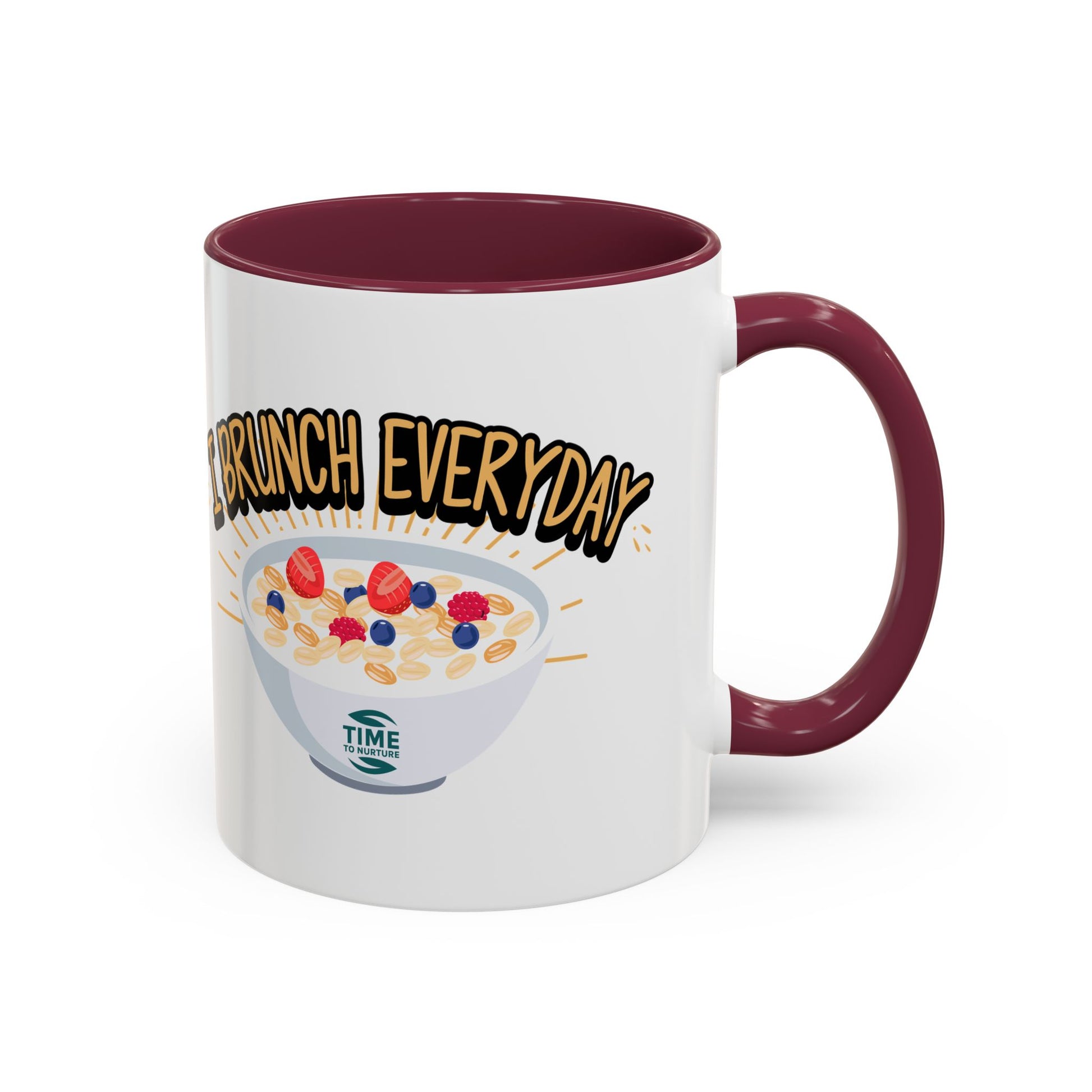 I Brunch Everyday ceramic mugs in vibrant colors, available in 11oz and 15oz sizes, designed for coffee, tea, juice, or brunch lovers, making a great gift for brunch enthusiasts, weekend getaways, or casual kitchen decor.