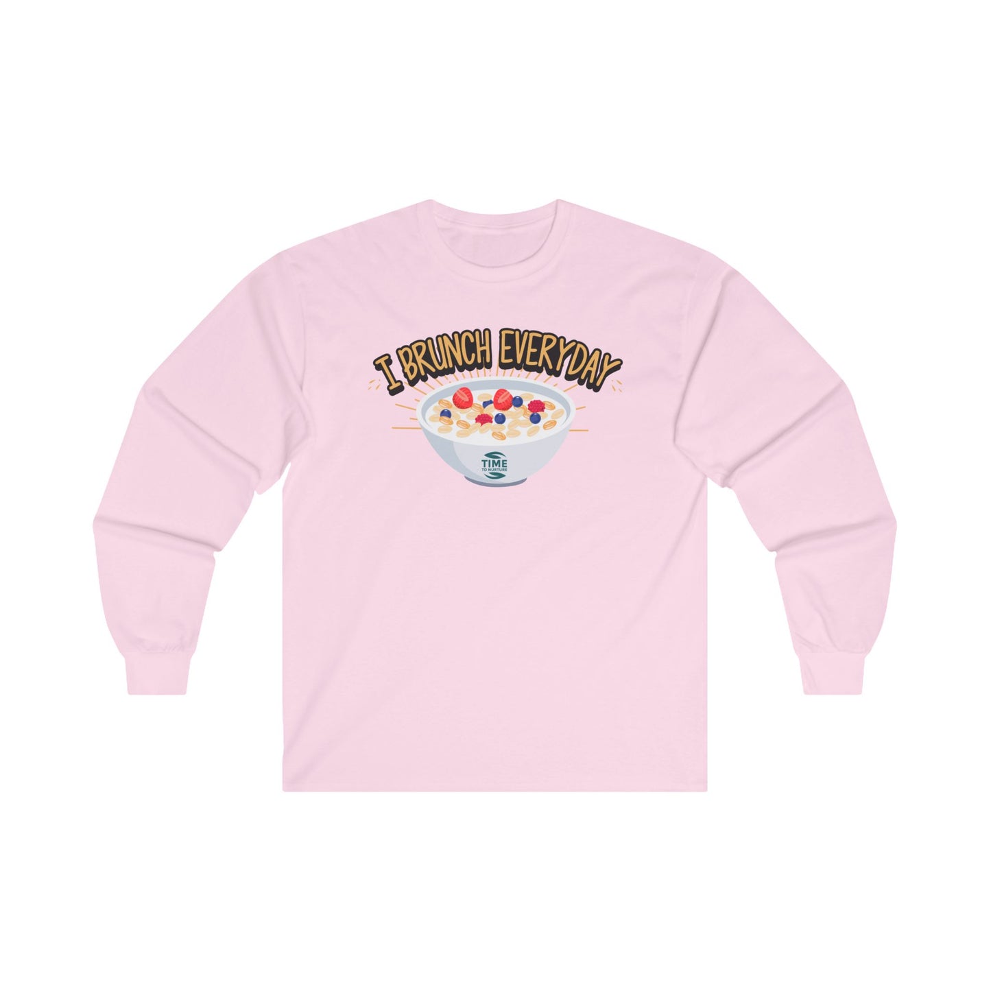 A unisex cotton long sleeve tee featuring the phrase I Brunch Everyday in a quote-style graphic design. Brunch-themed apparel perfect as a funny gift for brunch enthusiasts.