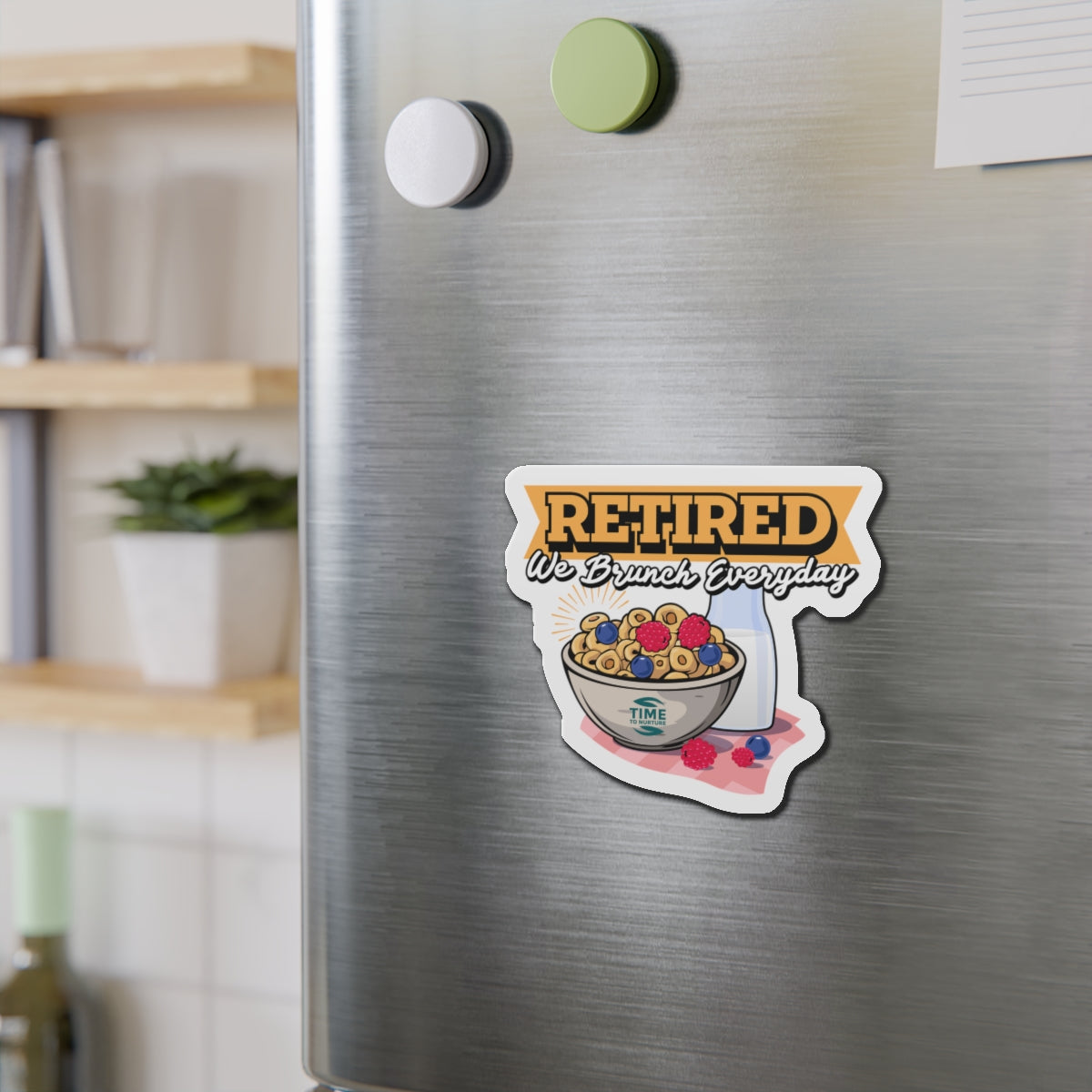 Die-cut magnet featuring a playful retirement theme with brunch-inspired design elements. Ideal for adding a quirky accent to kitchens or home offices, it makes a fun gift for retirees and brunch enthusiasts.