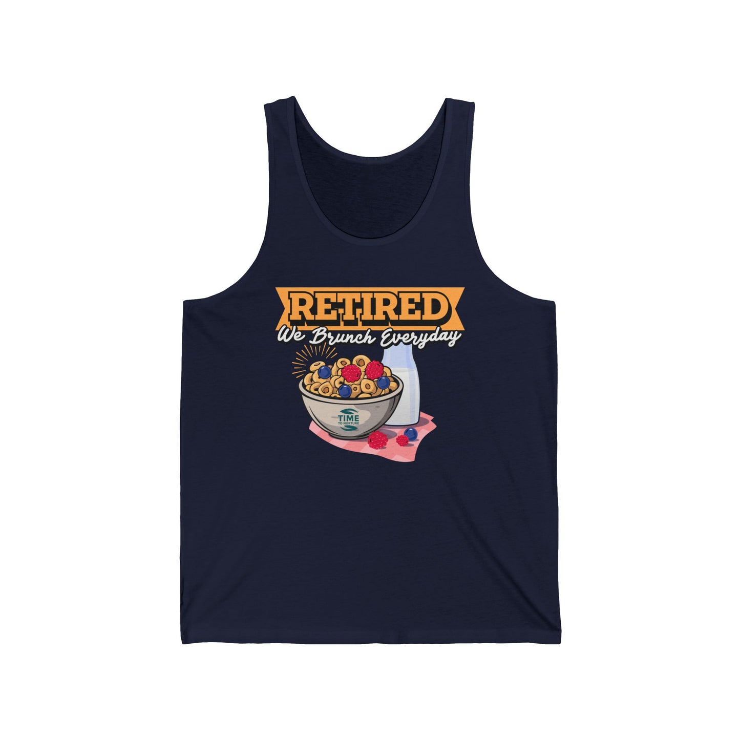 Unisex tank top with the text Retired We Brunch Everyday, a funny and stylish sleeveless shirt perfect for brunch lovers and as a retirement gift.