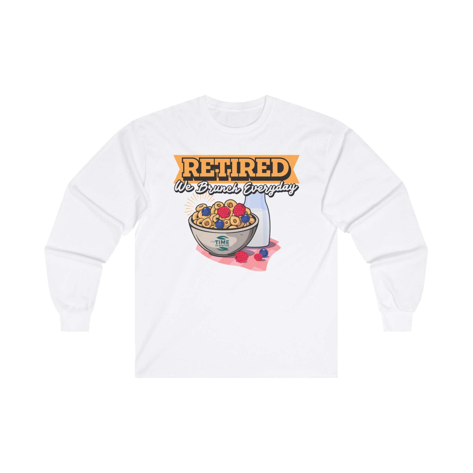 Unisex cotton graphic long sleeve tee featuring the phrase "Retired We Brunch Everyday." Perfect for capturing weekend brunch vibes, Sunday funday, and celebrating retired life with comfort and style.