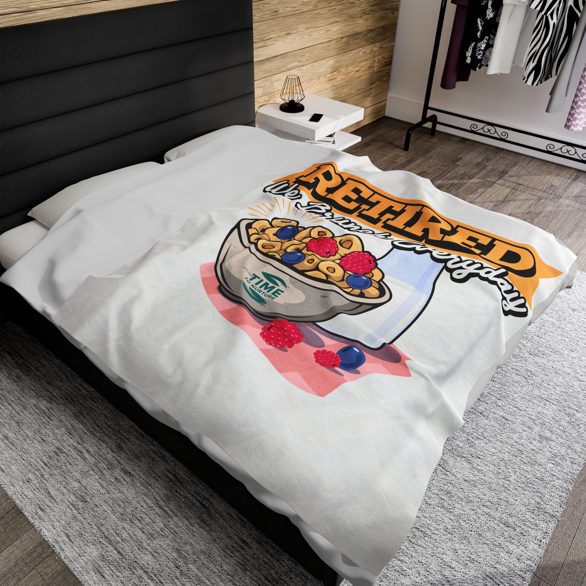 Velveteen plush blanket with the text Retired We Brunch Everyday, ideal for home decor, a cozy throw, or a funny retirement gift. Perfect for retirement parties or everyday comfort.