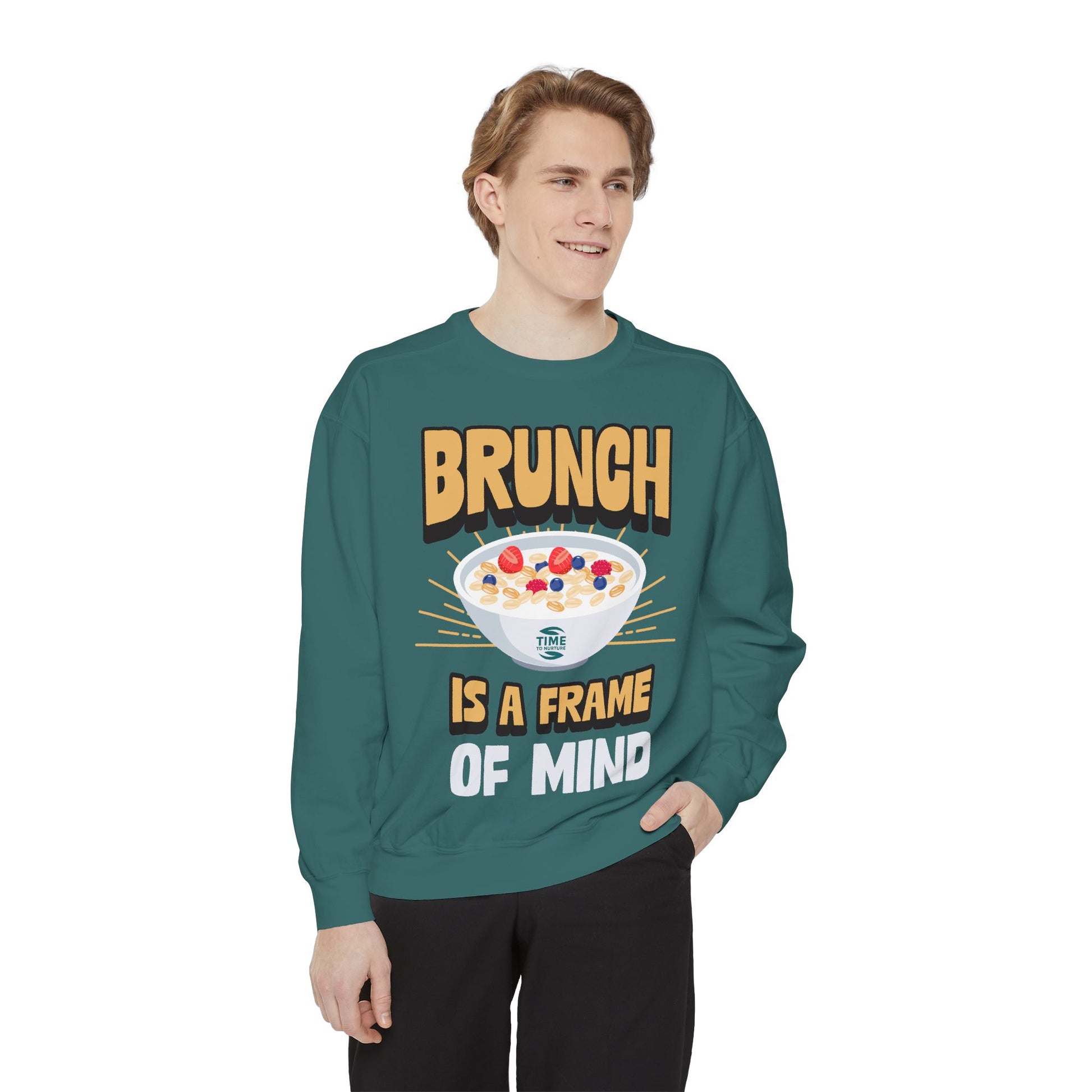 Cozy unisex sweatshirt featuring Brunch is a Frame of Mind Vibes, designed for brunch lovers and leisure enthusiasts, offering stylish and comfortable brunch-themed apparel, perfect for weekend outfits or as a thoughtful foodie gift.