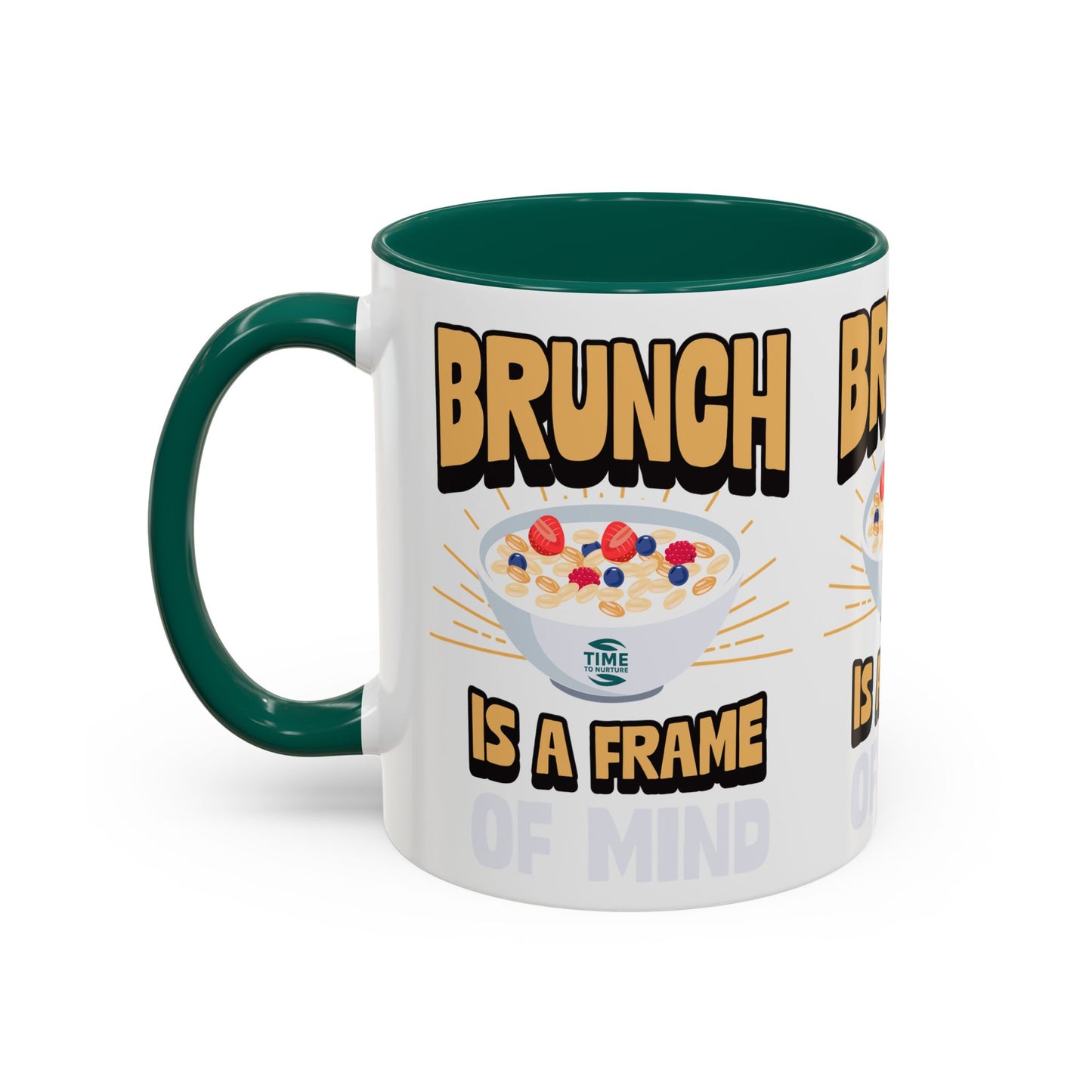 Colorful ceramic mug featuring the phrase Brunch Is a Frame of Mind, available in 11oz and 15oz sizes, with a vibrant design perfect for coffee, tea, or gifting to brunch lovers and lifestyle enthusiasts.