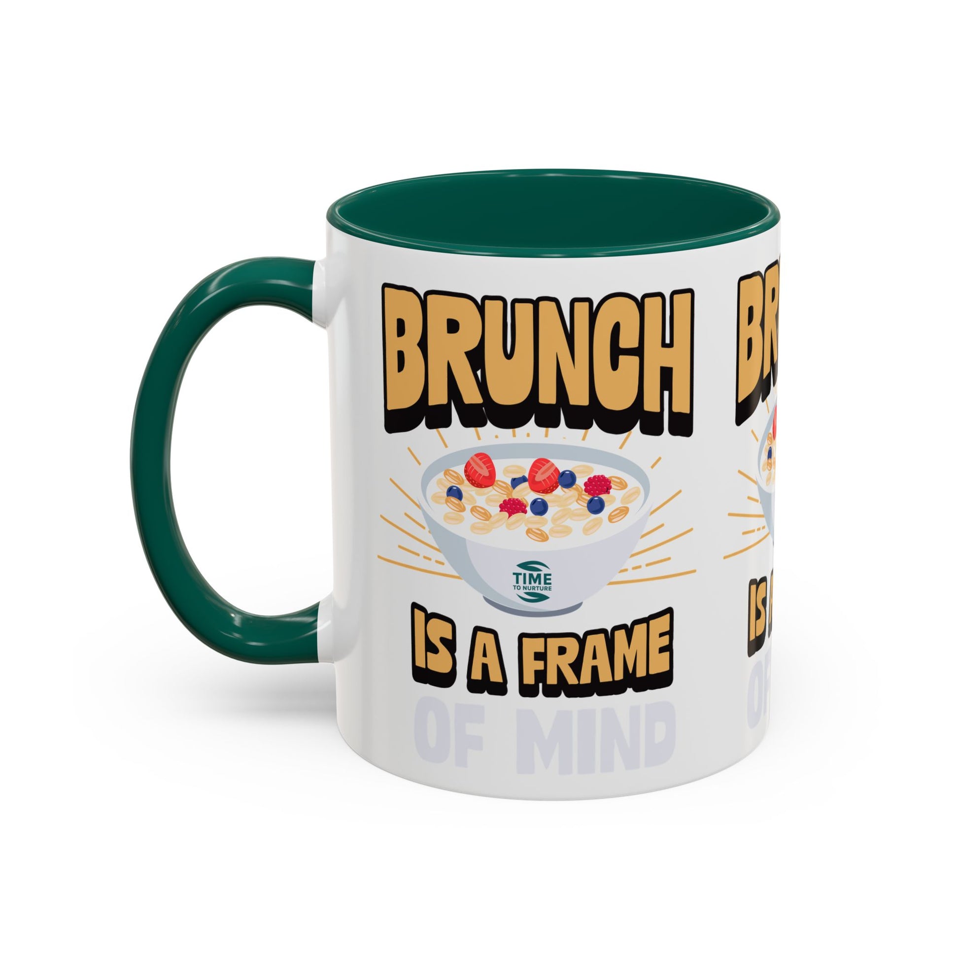 Colorful ceramic mug featuring the phrase Brunch Is a Frame of Mind, available in 11oz and 15oz sizes, with a vibrant design perfect for coffee, tea, or gifting to brunch lovers and lifestyle enthusiasts.