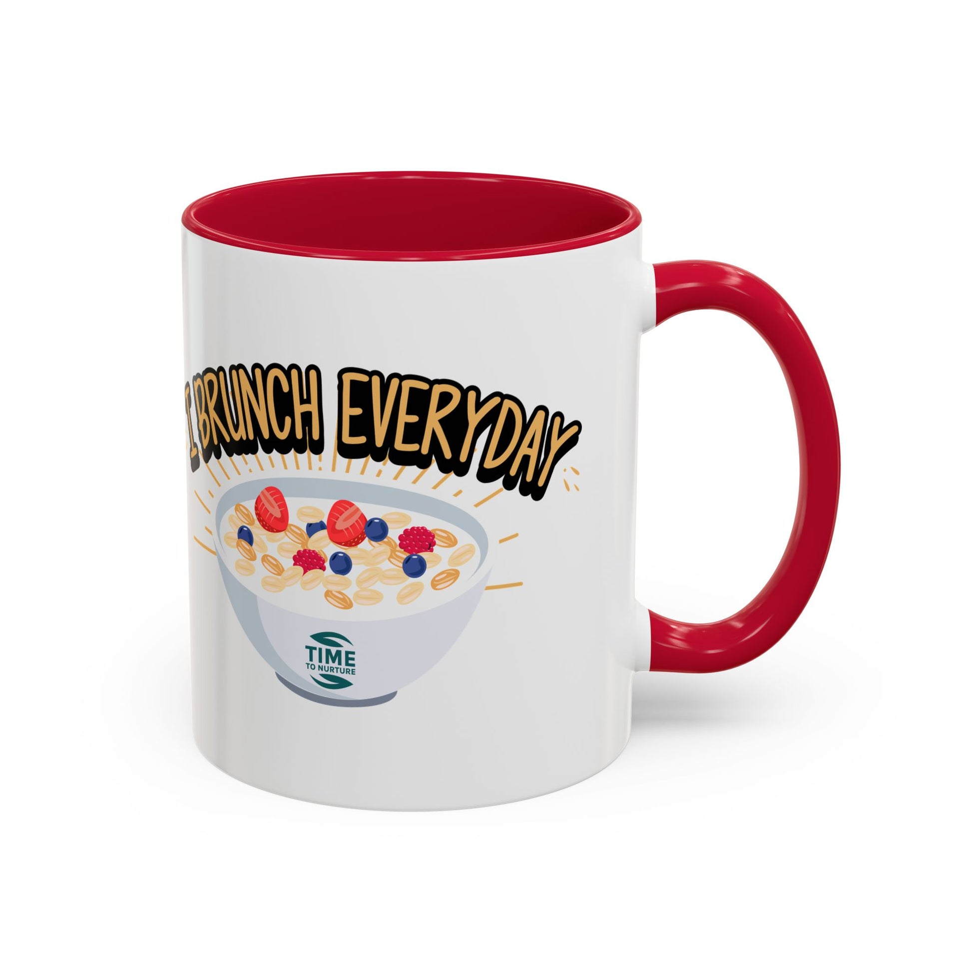I Brunch Everyday ceramic mugs in vibrant colors, available in 11oz and 15oz sizes, designed for coffee, tea, juice, or brunch lovers, making a great gift for brunch enthusiasts, weekend getaways, or casual kitchen decor.