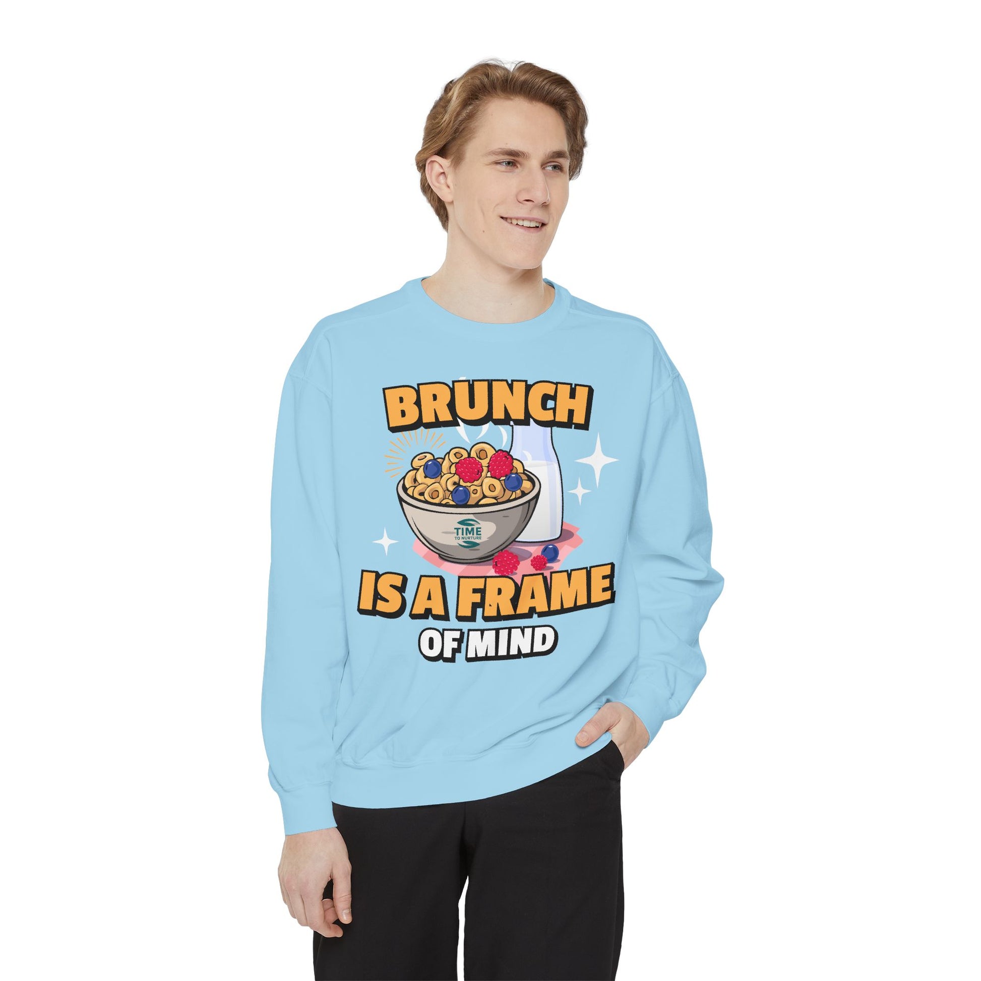 Cozy unisex sweatshirt featuring Brunch is a Frame of Mind Vibes, blending comfort and style for brunch lovers, perfect for weekend outfits, foodie gifts, and making a fashionable, mindful brunch-themed statement.