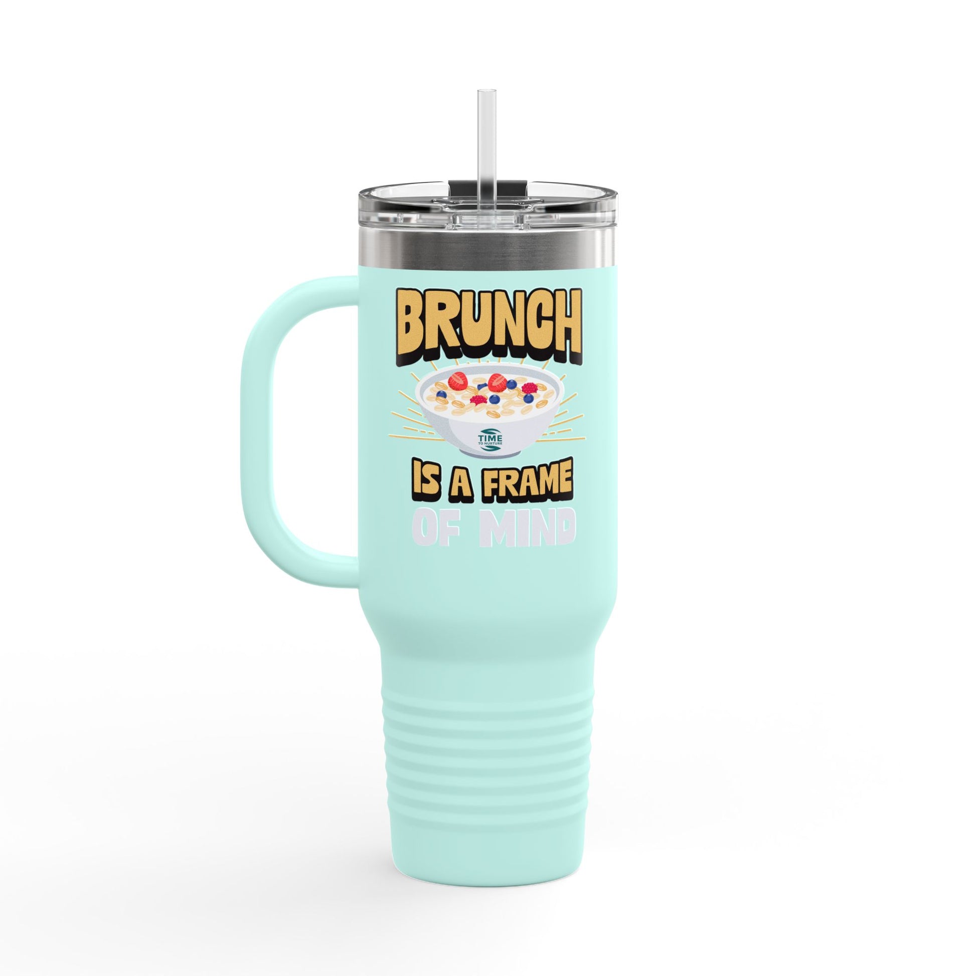 Brunch is a Frame of Mind insulated travel mug, 40oz, with a sleek and durable design. Keeps drinks hot or cold for hours, featuring a sturdy handle and secure lid for easy travel. Perfect for brunch lovers and travelers.