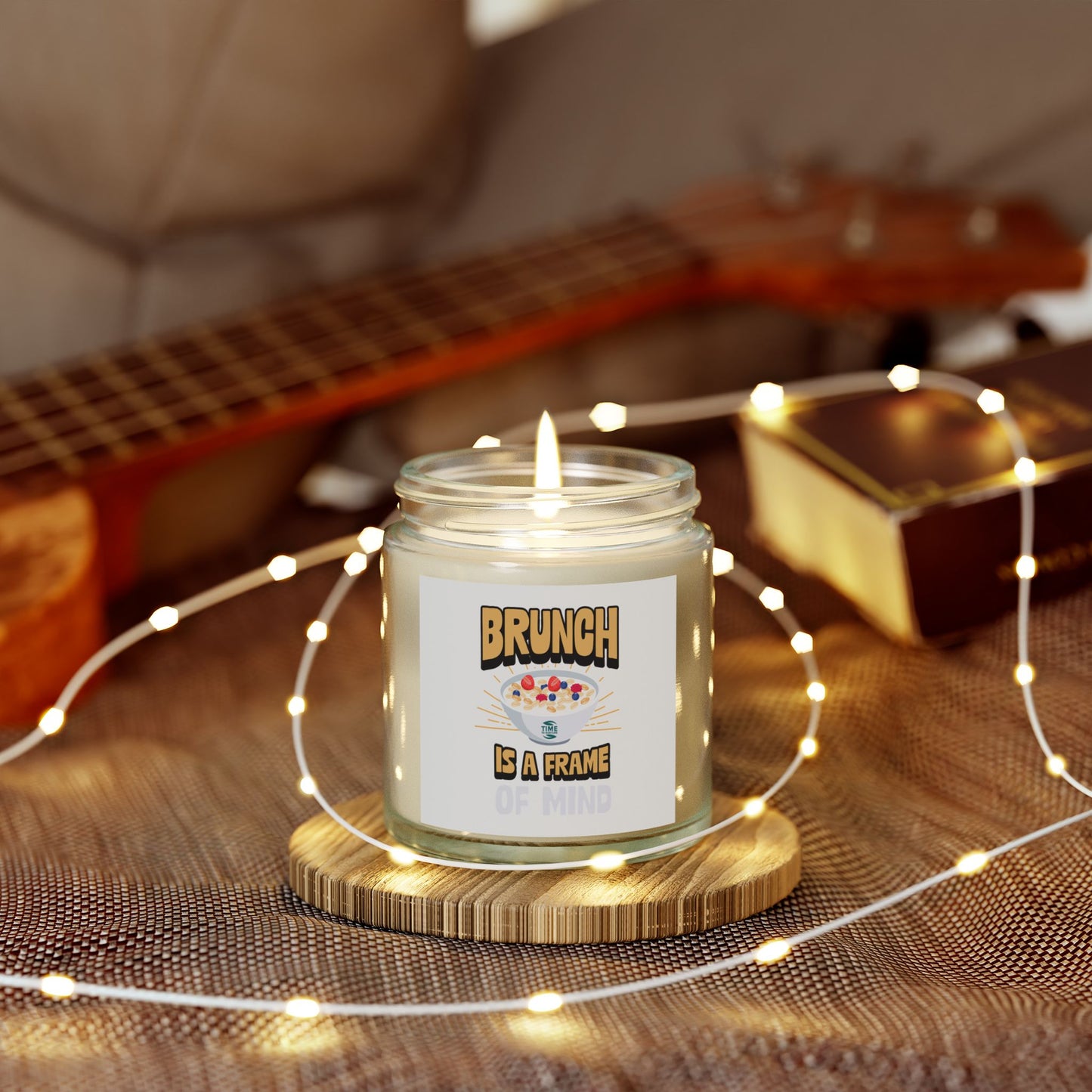 Scented candles made with coconut apricot wax, featuring the phrase brunch is a frame of mind. Available in 4oz and 9oz sizes, perfect as a retirement gift or for brunch enthusiasts.