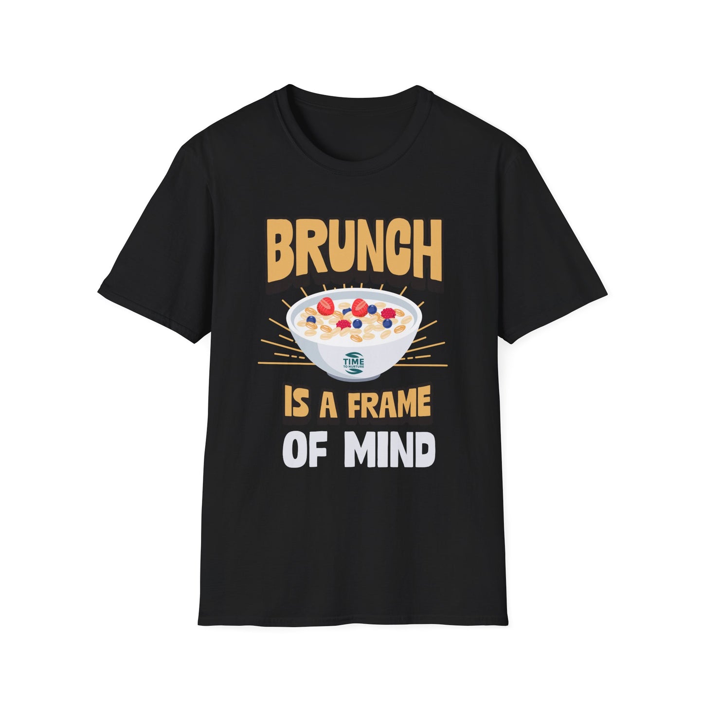 unisex softstyle t-shirt with "Brunch Frame Retirement" graphic; casual and comfortable tee ideal for brunch lovers, weekends, and gift giving
