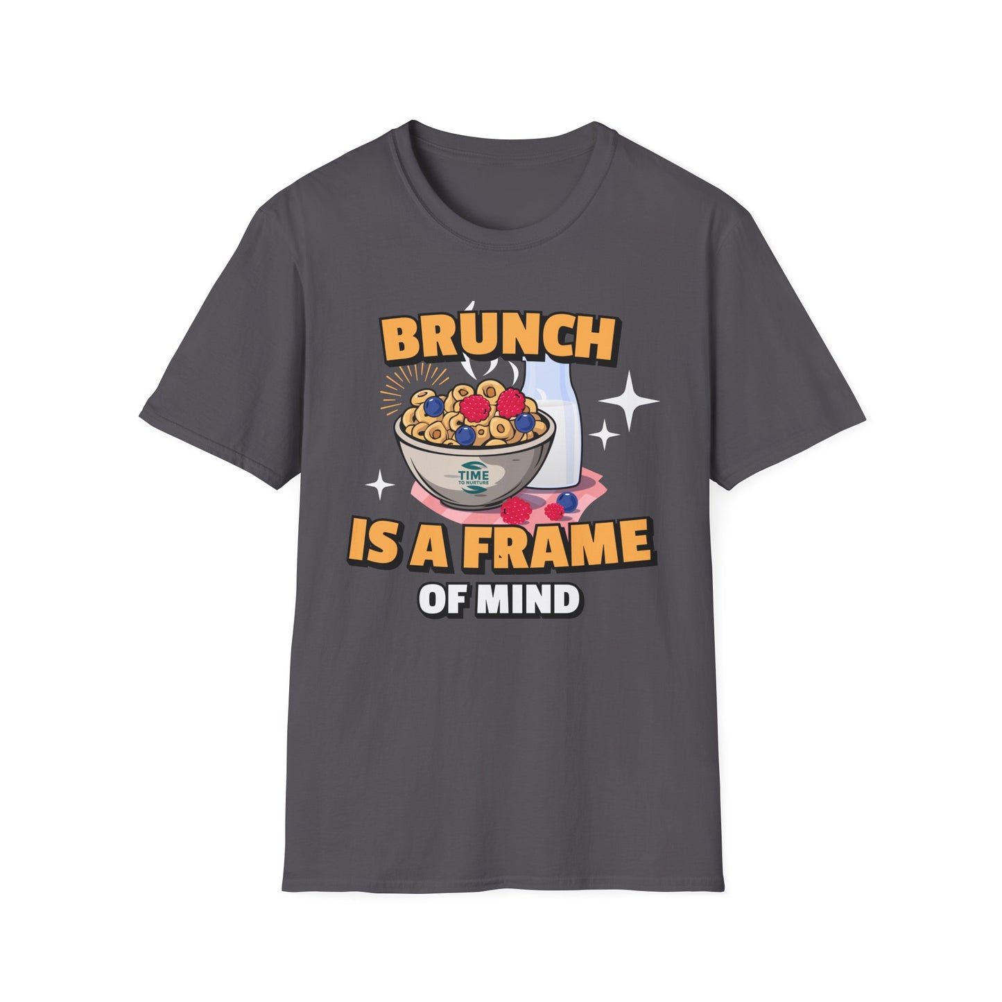 Brunch Is a State of Mind unisex softstyle T-shirt with premium fabric, ethical production, superior comfort, durability, and timeless style, making it a fun digital brunch retirement gag gift