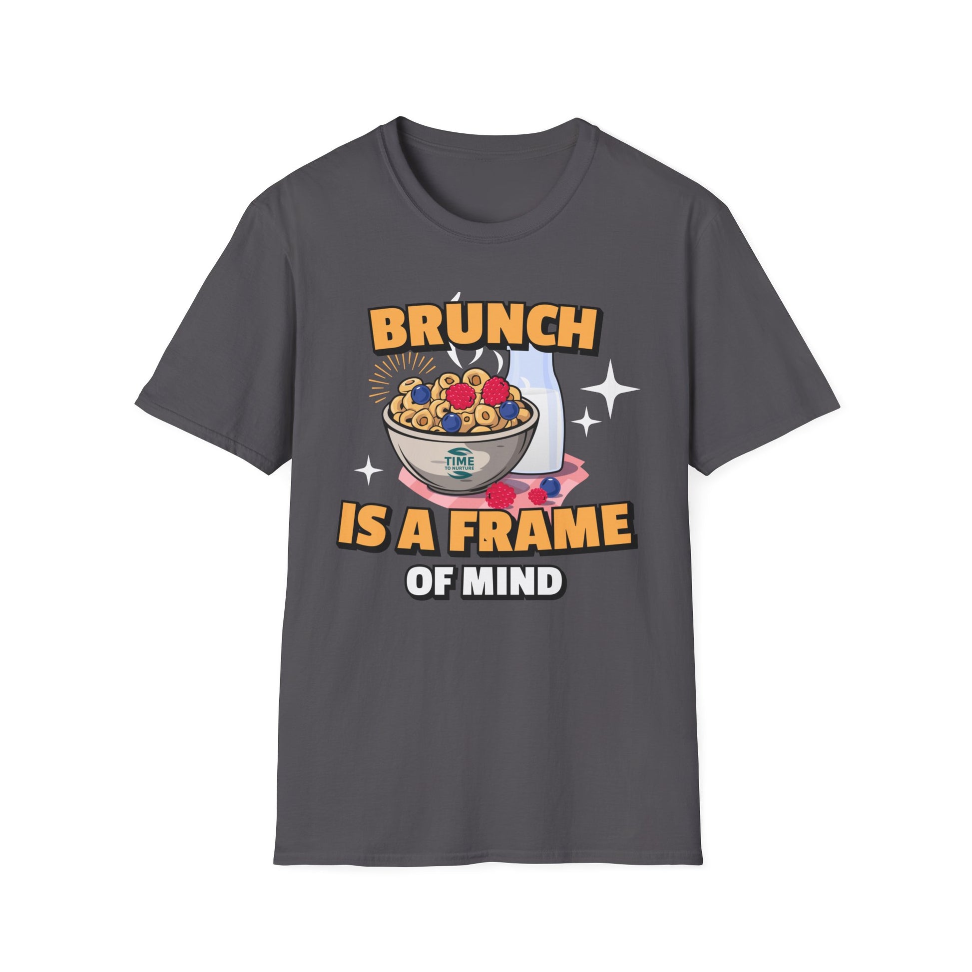 Brunch Is a State of Mind unisex softstyle T-shirt with premium fabric, ethical production, superior comfort, durability, and timeless style, making it a fun digital brunch retirement gag gift