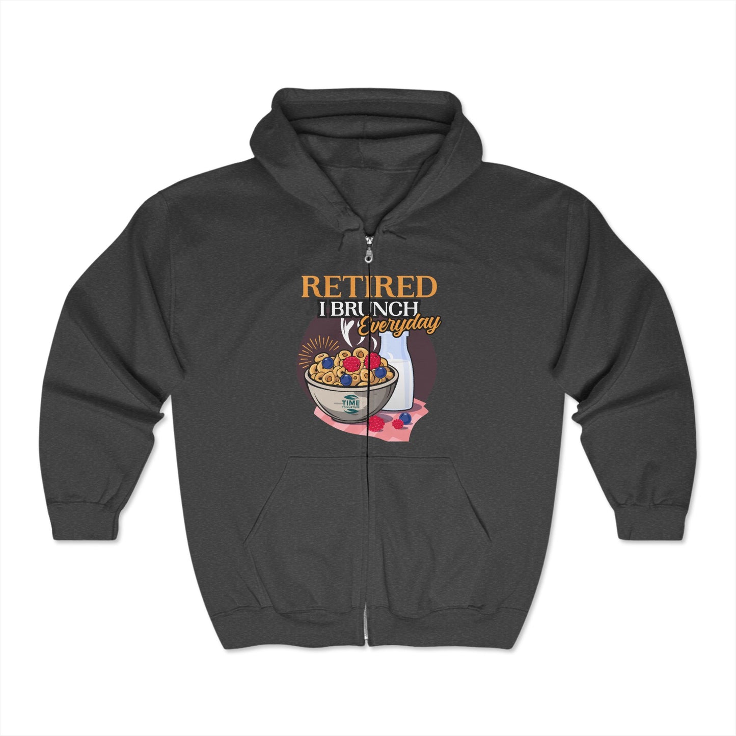 Unisex_full_zip_hooded_sweatshirt_featuring_Retired_I_Brunch_Everyday_text_perfect_for_lounge_wear._A_cozy_and_stylish_gift_for_brunch_lovers_and_retirees_ideal_for_relaxation_and_casual_outings.