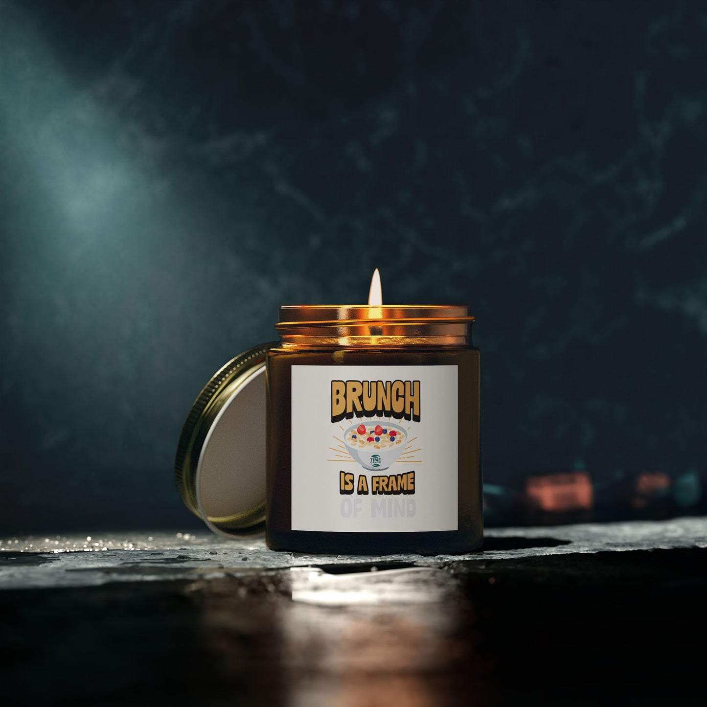 Scented candles made with coconut apricot wax, featuring the phrase brunch is a frame of mind. Available in 4oz and 9oz sizes, perfect as a retirement gift or for brunch enthusiasts.