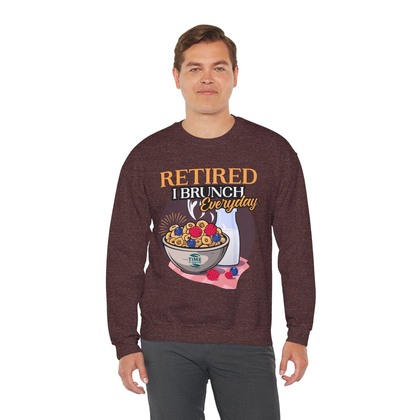 Unisex sweatshirt featuring the phrase "Retired I Brunch Everyday" in a fun, brunch-themed design. Ideal as a cozy retirement gift or a stylish top for celebrating the retired life with brunch vibes.3
