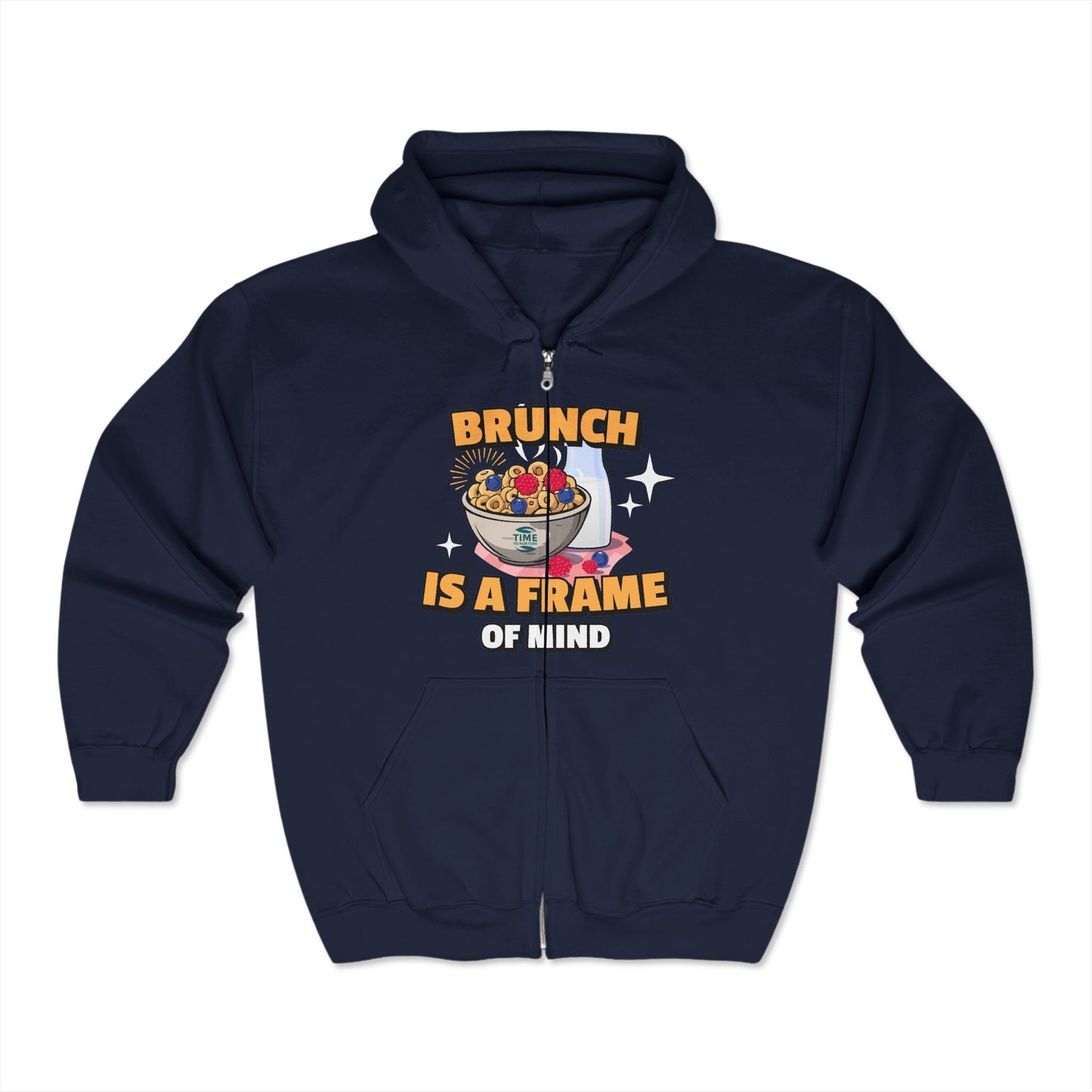 Unisex zip-up hoodie sweatshirt with the phrase 'Brunch Frame of Mind.' A cozy, brunch-themed hoodie perfect for brunch lovers, offering comfort and style for any occasion