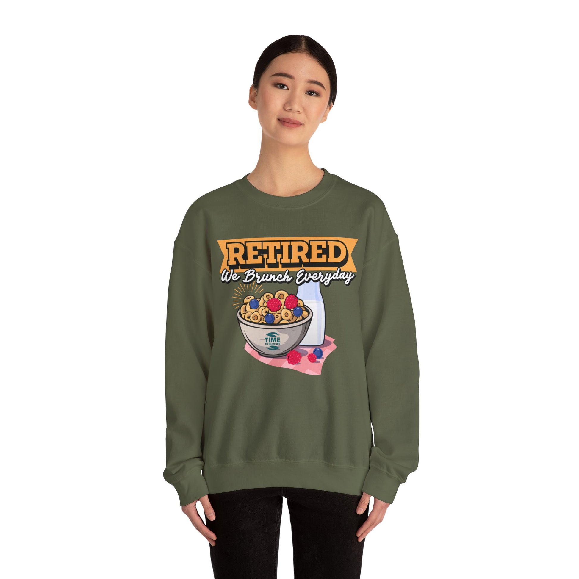 Retired: We Brunch Every Day unisex heavy blend crewneck sweatshirt, a comfortable and durable choice perfect for brunch lovers and relaxed retirement days.
