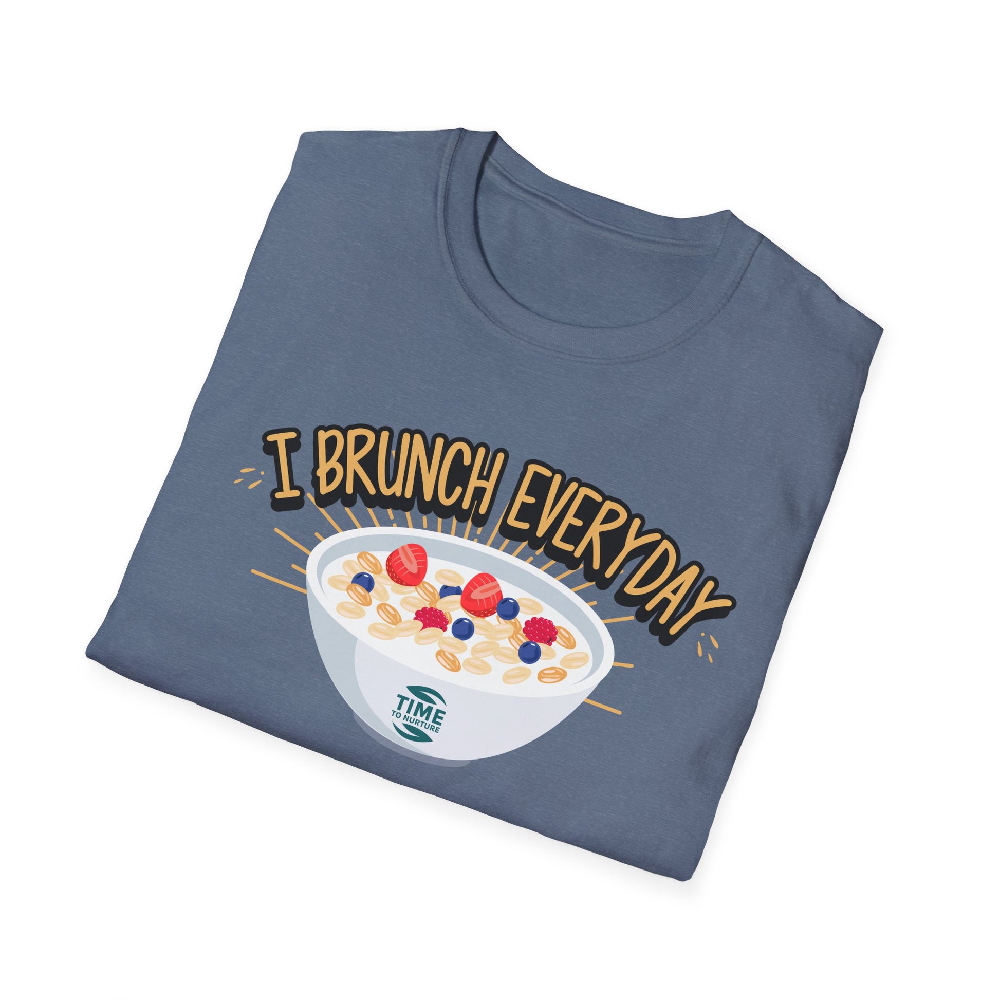 "I Brunch Every Day" unisex softstyle t-shirt, ethically made with superior comfort and durability, offering timeless style for everyday wear or as a fun digital brunch retirement gag gift.