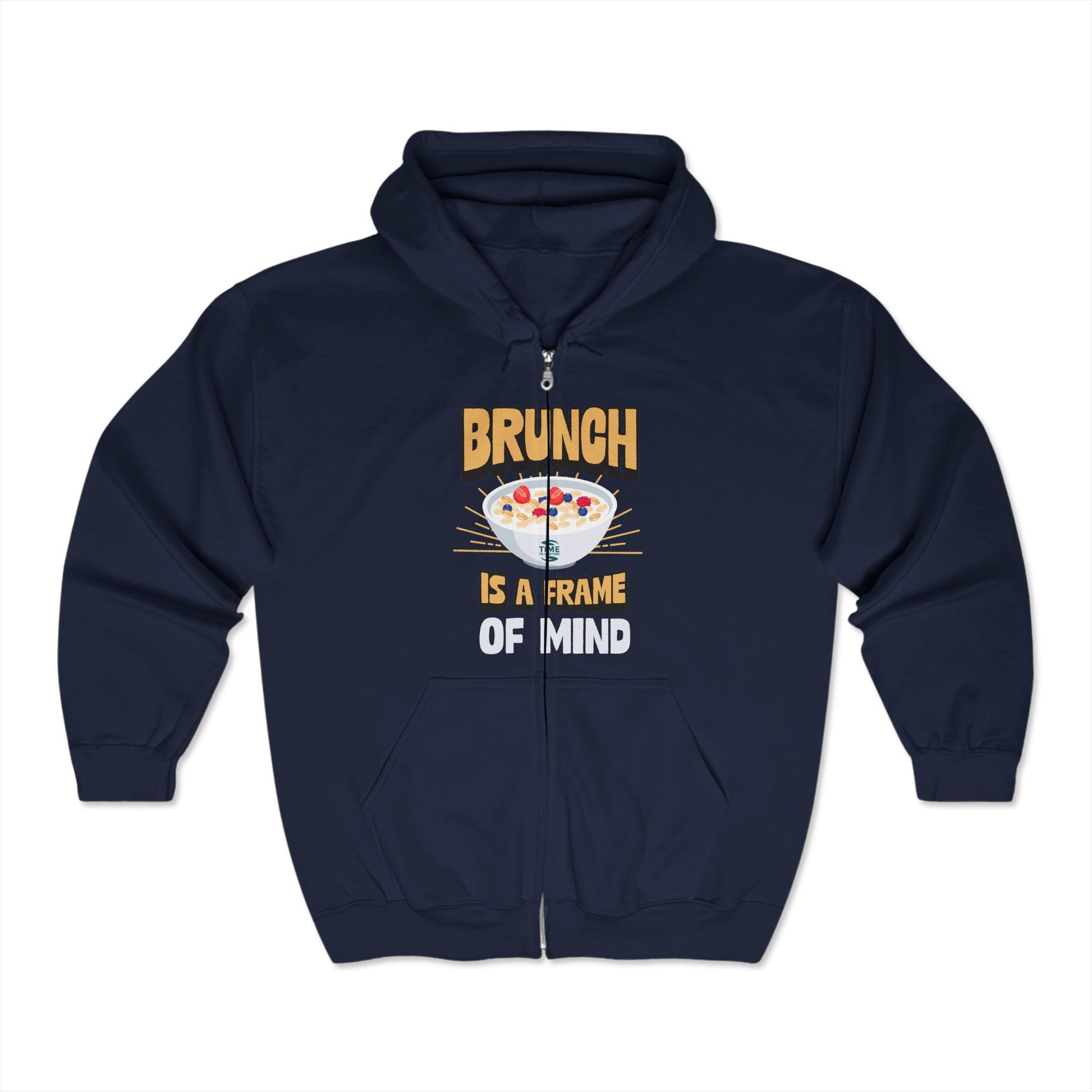 Brunch-themed unisex hooded sweatshirt with a relaxed fit, featuring a full zip design and cozy fabric, perfect for weekend breakfast outings or casual mornings.