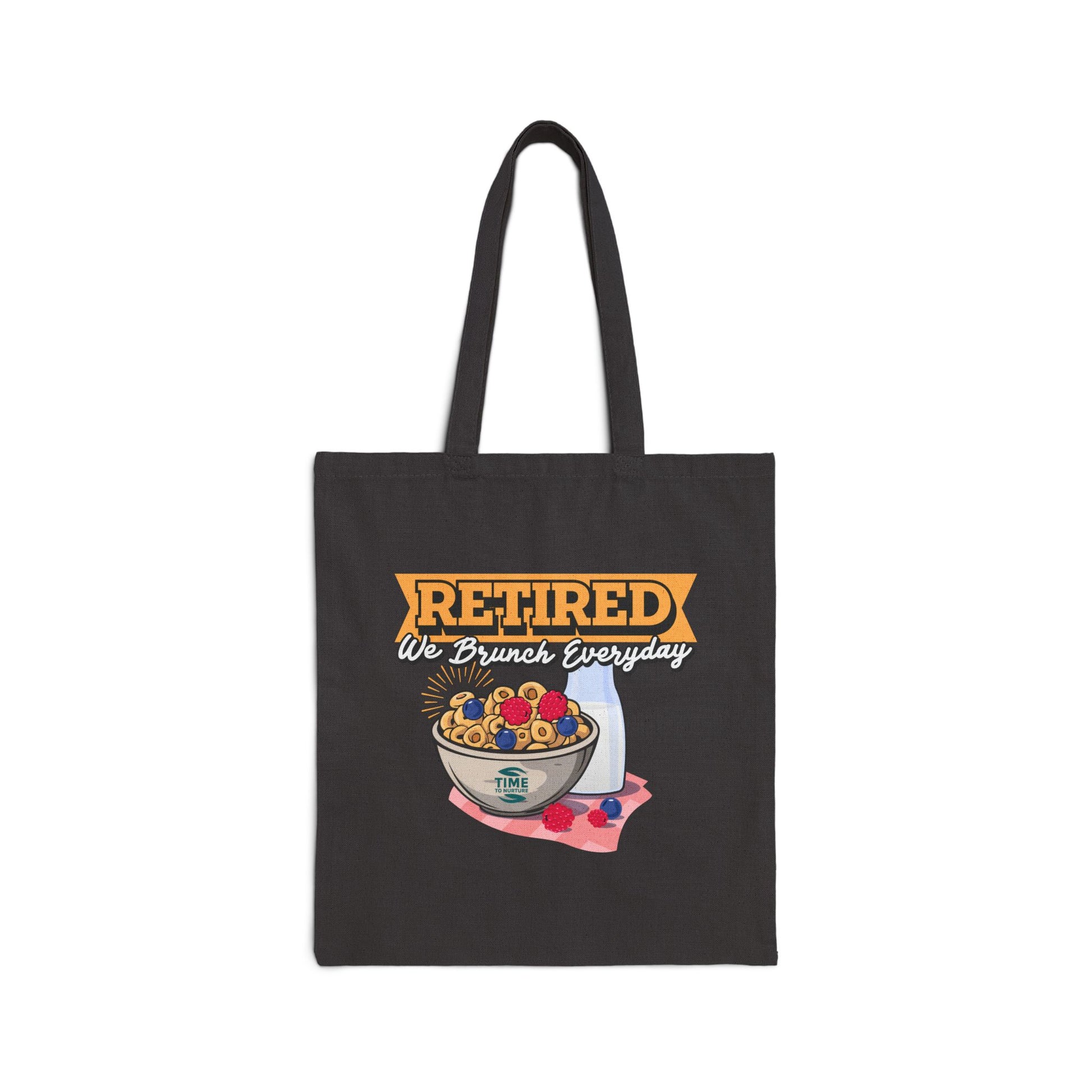 We Brunch Everyday cotton canvas tote bag featuring "Retired & Ready to Brunch" design, perfect for carrying essentials on retirement adventures and brunch outings.
