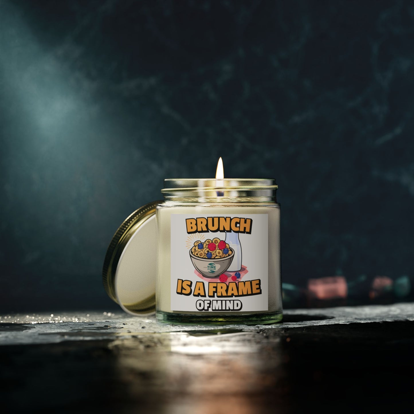 A coconut apricot wax candle labeled "Brunch is a Frame of Mind," styled for home fragrance and aromatherapy, with a minimalistic design perfect for brunch-themed gifts, housewarming decor, or relaxation.33