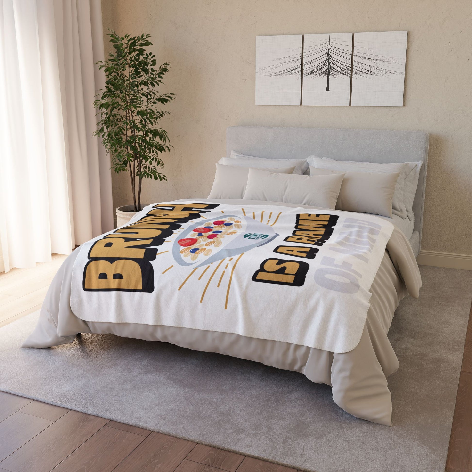 Cozy Sherpa blanket with Brunch is a Frame of Mind text, offering warm, fuzzy comfort, perfect as a retirement gift, couch throw, bedding decor, or hygge-inspired home accent