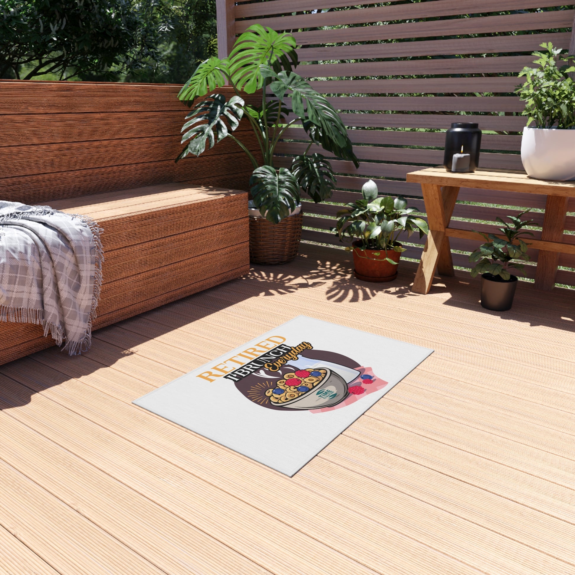 Retired I Brunch Everyday Outdoor Rug featuring a playful design with vibrant colors, perfect for patios, gardens, and indoor spaces. A cozy welcome mat ideal for retirees, brunch lovers, and housewarming gifts.