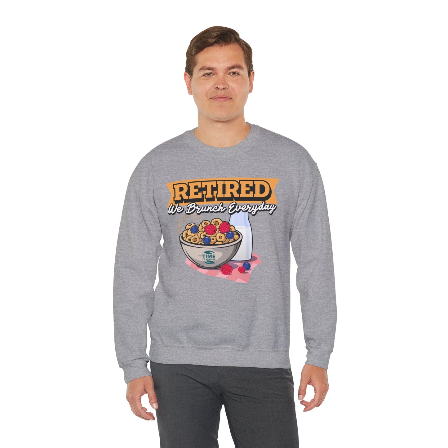 Unisex sweatshirt with the text Retired We Brunch Everyday, ideal as a cozy retirement gift for brunch enthusiasts. Features a classic crewneck design.