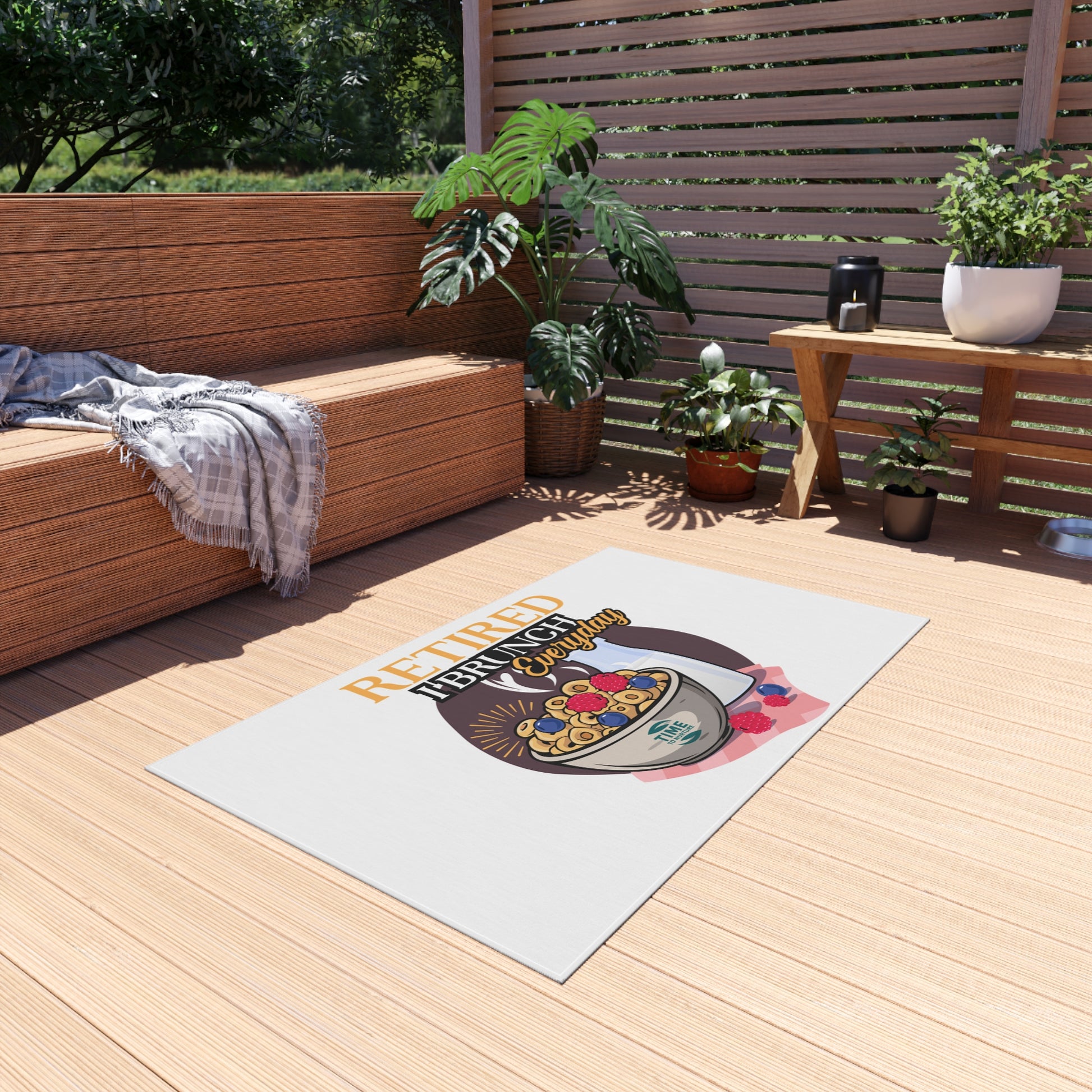 Retired I Brunch Everyday Outdoor Rug featuring a playful design with vibrant colors, perfect for patios, gardens, and indoor spaces. A cozy welcome mat ideal for retirees, brunch lovers, and housewarming gifts.