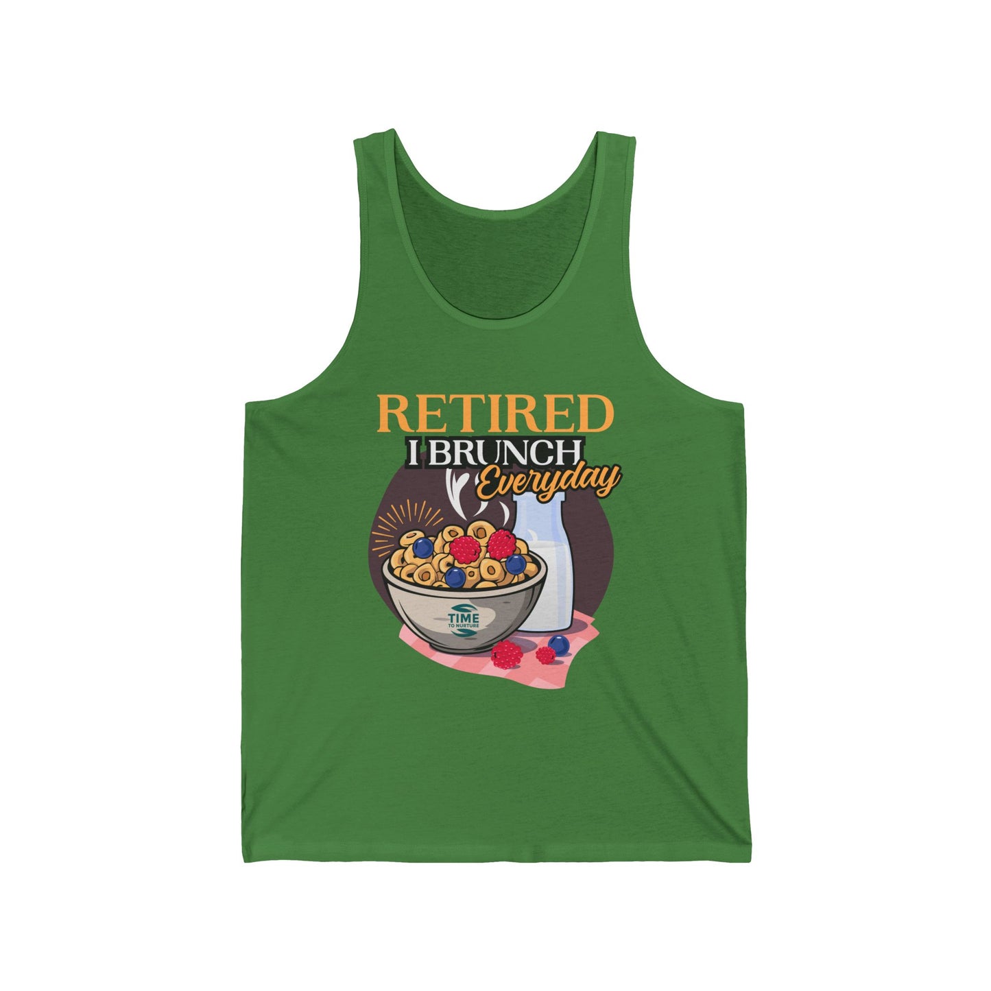 Unisex tank top with the text "Retired I Brunch Everyday" designed as a humorous retirement gift. Perfect for brunch lovers and retirees.