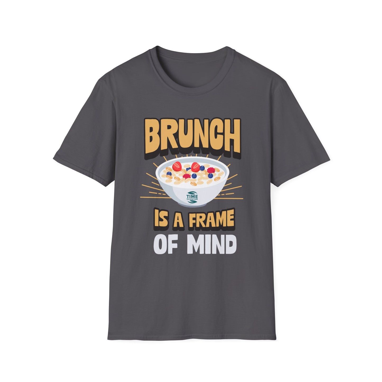 unisex softstyle t-shirt with "Brunch Frame Retirement" graphic; casual and comfortable tee ideal for brunch lovers, weekends, and gift giving111
