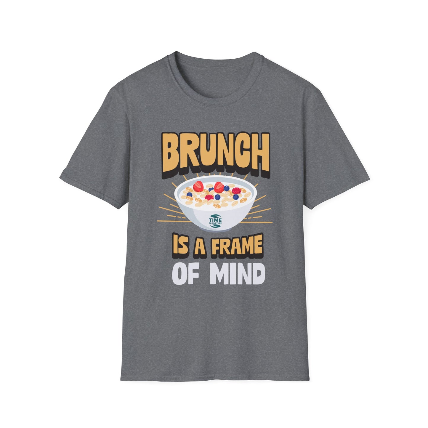 unisex softstyle t-shirt with "Brunch Frame Retirement" graphic; casual and comfortable tee ideal for brunch lovers, weekends, and gift giving