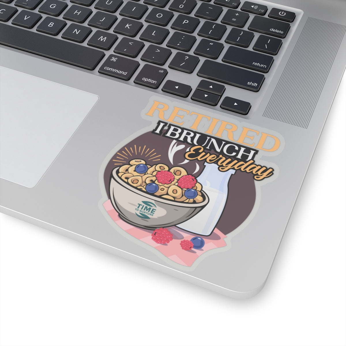 

A colorful sticker design featuring the phrase "Retired I Brunch Everyday" in bold, playful fonts. Surrounding the text are illustrations of brunch-themed items such as coffee cups, pancakes, and eggs. The sticker has a kiss-cut outline, making it easy to peel and apply. Suitable as a gift for brunch lovers, retirees, or for decorating laptops and scrapbooks.