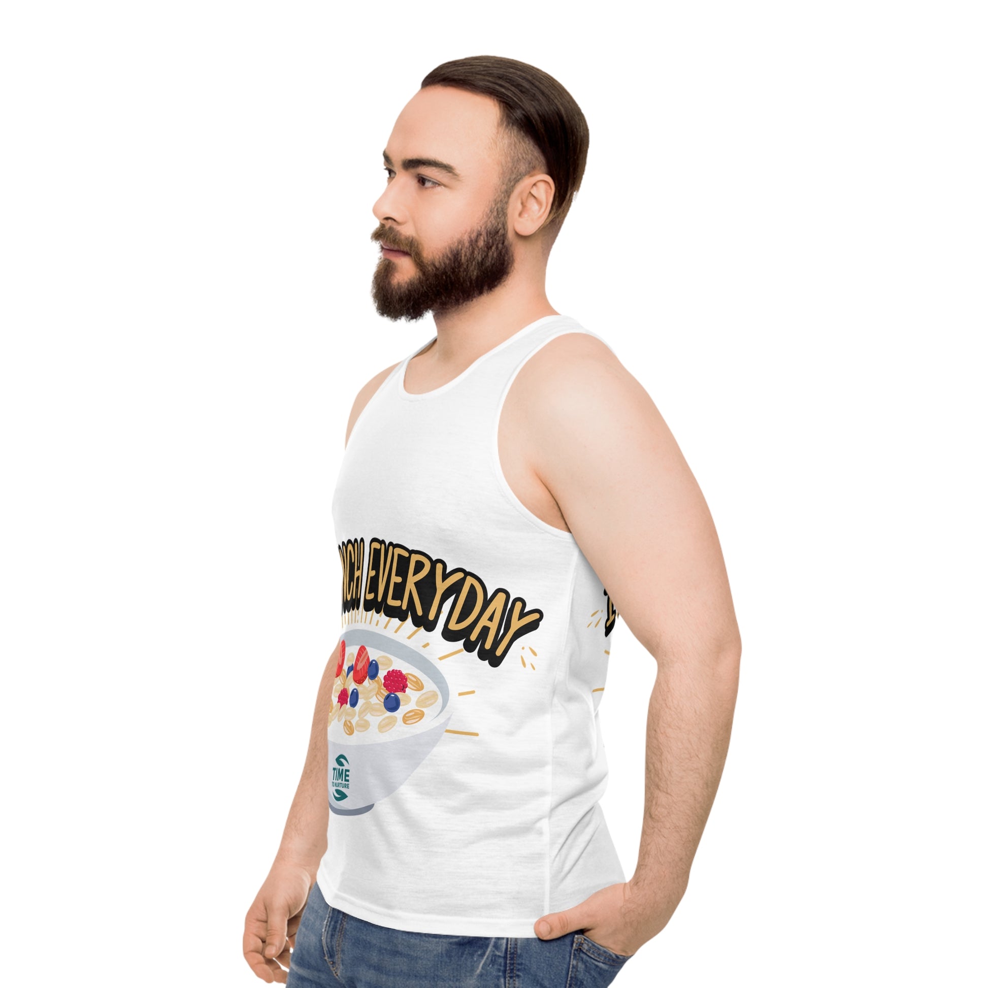 unisex tank top with an all-over print design featuring the words "Retirement Brunch" in a playful and bold style. A humorous and versatile gift for brunch lovers, suitable for him or her, and perfect for celebrating retirement in style.