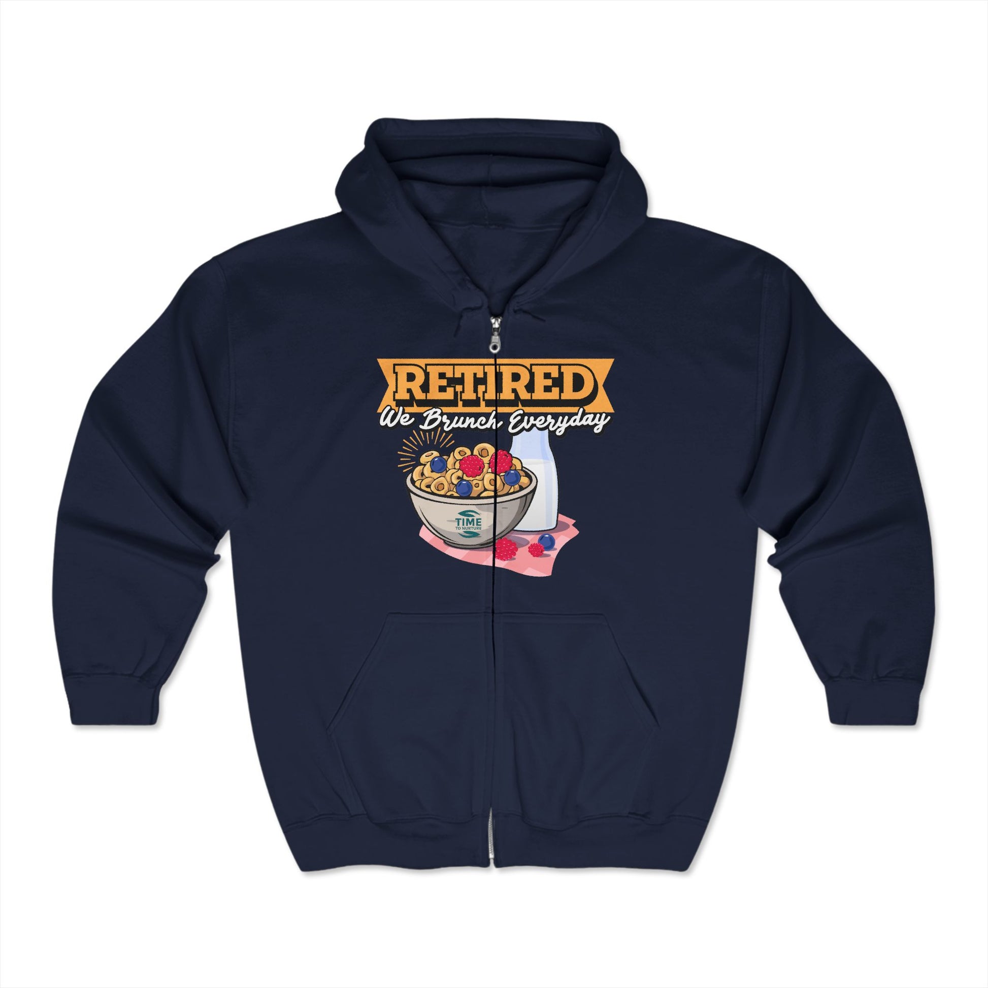 Unisex full zip hooded sweatshirt with Brunch Retirement design featuring a cozy fit perfect for retirees who love brunch every day