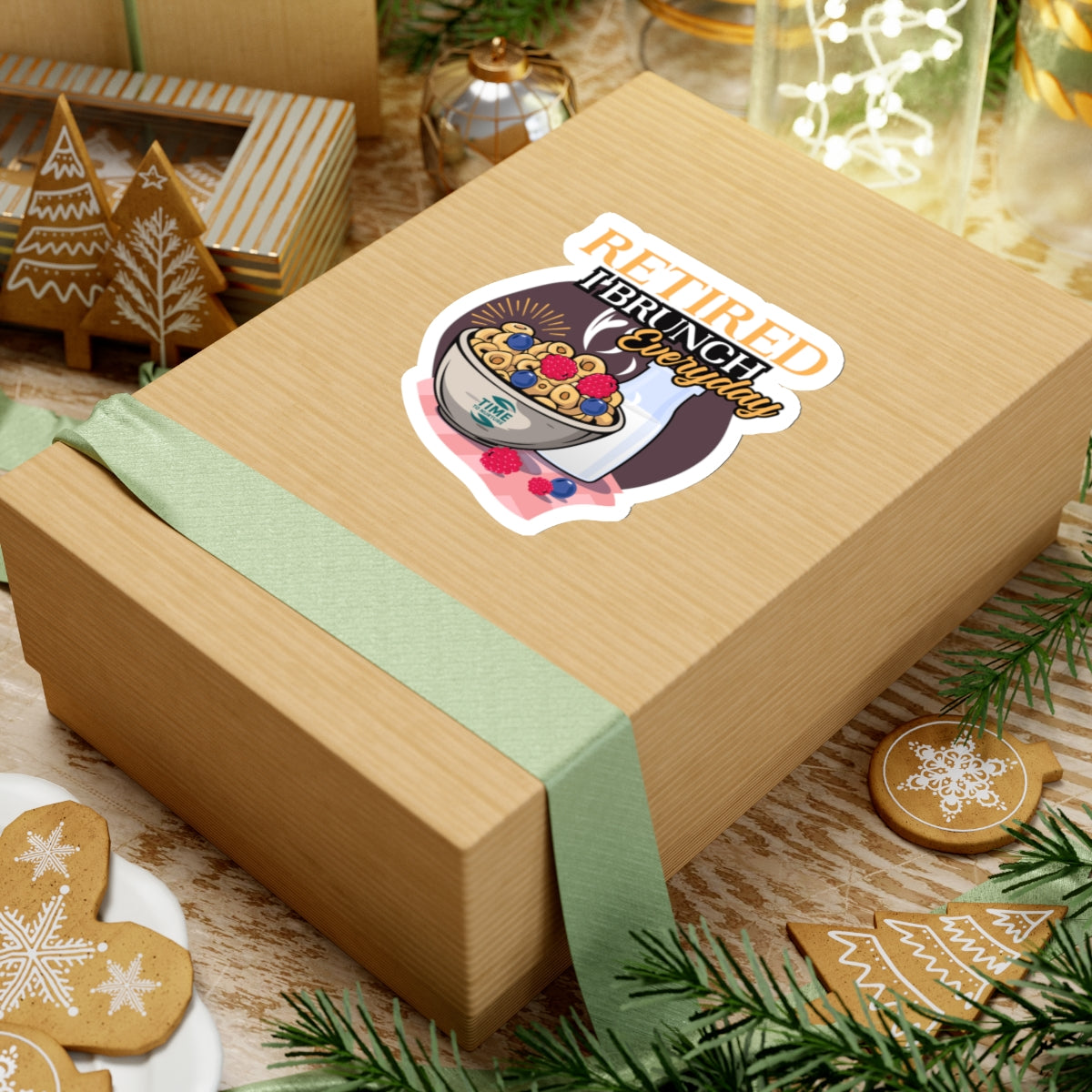 A colorful sticker design featuring the phrase "Retired I Brunch Everyday" in bold, playful fonts. Surrounding the text are illustrations of brunch-themed items such as coffee cups, pancakes, and eggs. The sticker has a kiss-cut outline, making it easy to peel and apply. Suitable as a gift for brunch lovers, retirees, or for decorating laptops and scrapbooks.