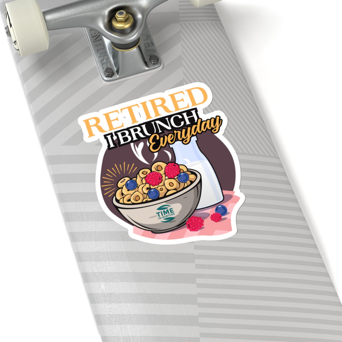 

A colorful sticker design featuring the phrase "Retired I Brunch Everyday" in bold, playful fonts. Surrounding the text are illustrations of brunch-themed items such as coffee cups, pancakes, and eggs. The sticker has a kiss-cut outline, making it easy to peel and apply. Suitable as a gift for brunch lovers, retirees, or for decorating laptops and scrapbooks.