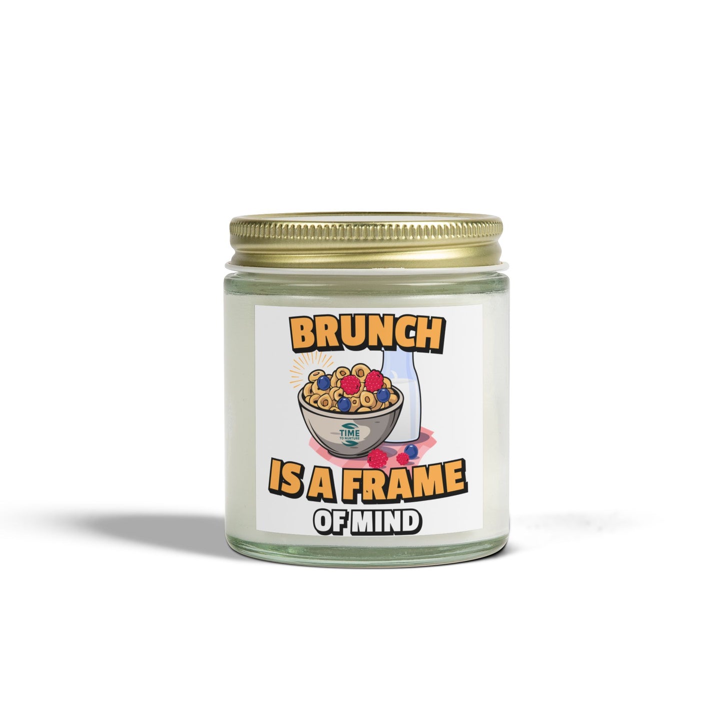 A coconut apricot wax candle labeled "Brunch is a Frame of Mind," styled for home fragrance and aromatherapy, with a minimalistic design perfect for brunch-themed gifts, housewarming decor, or relaxation.